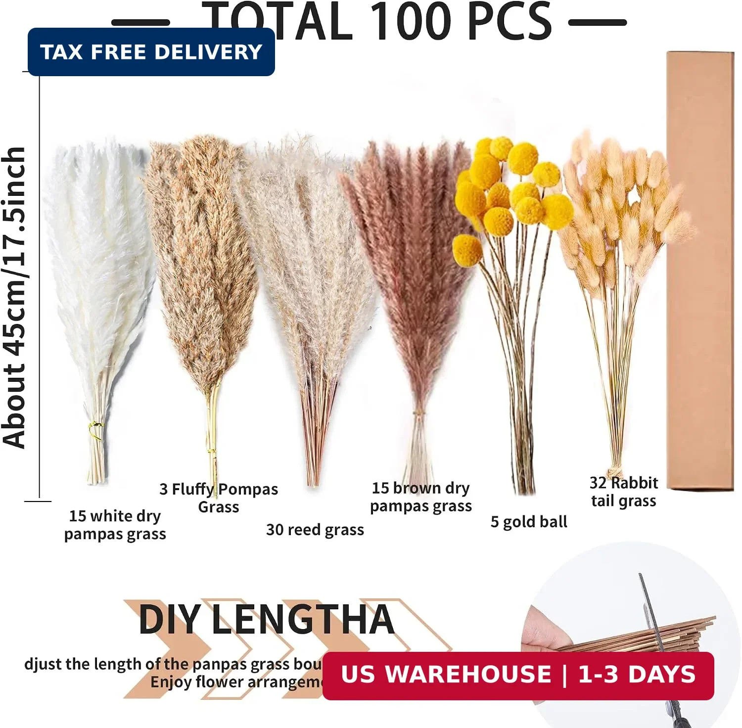 100PCS Natural Dried Pampas Grass Decor – 17.5″ Fluffy Pampas Grass Bouquet – Bo