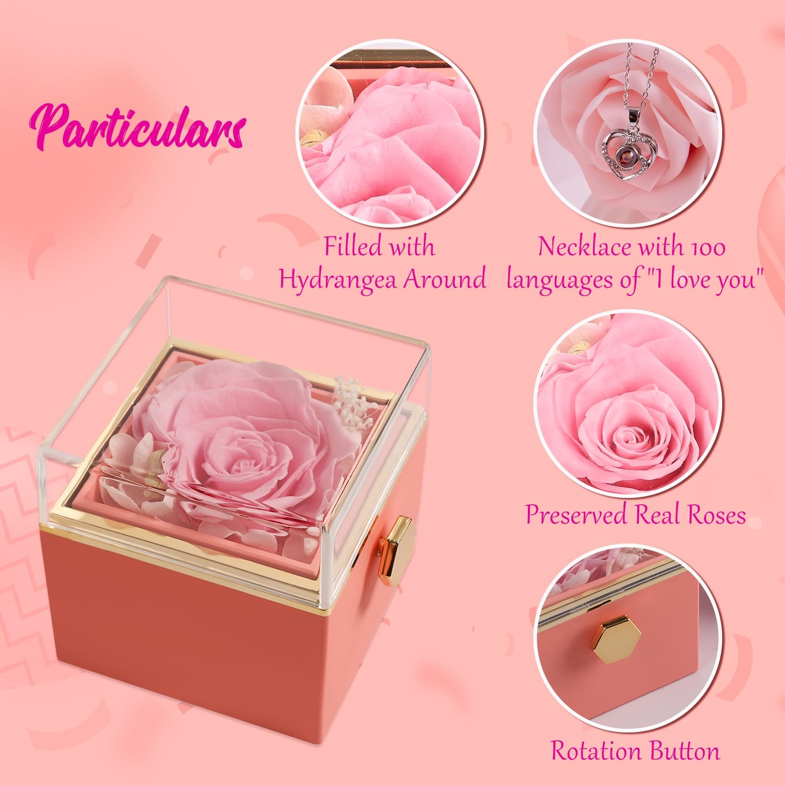 Preserved Real Pink Forever Rose Rotating Box with I Love You Necklace 100 La…