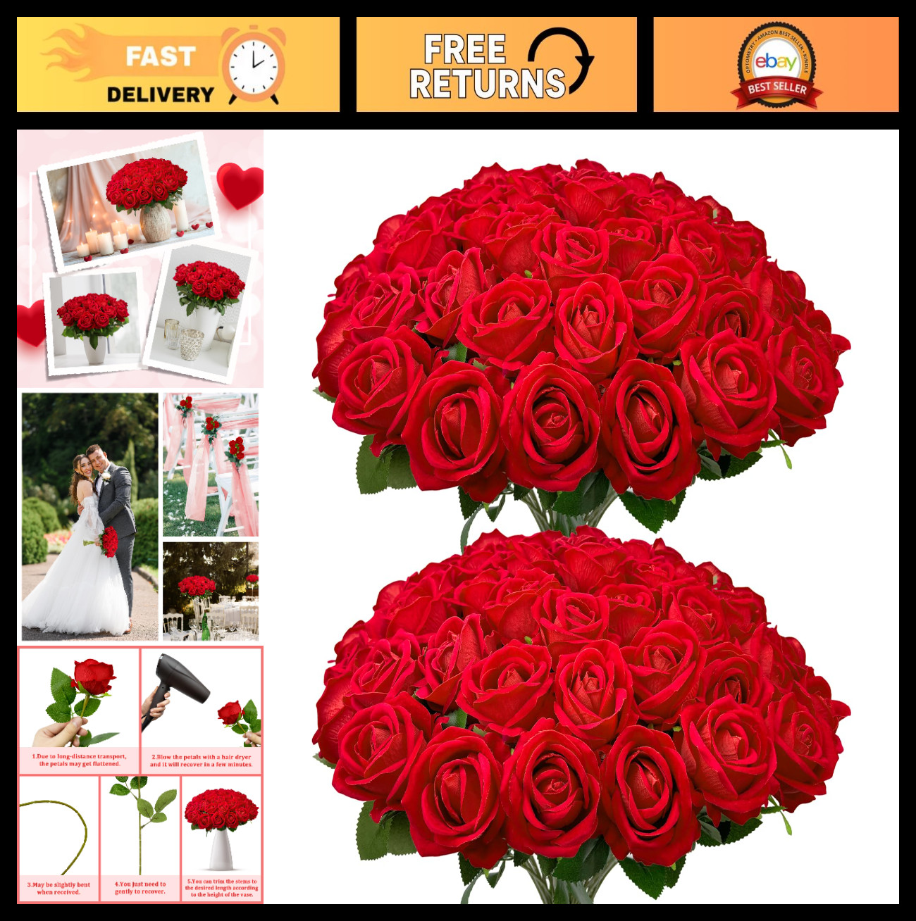 50 PCS Velvet Silk Red Roses – Realistic Faux Flowers for Wedding Centerpieces &