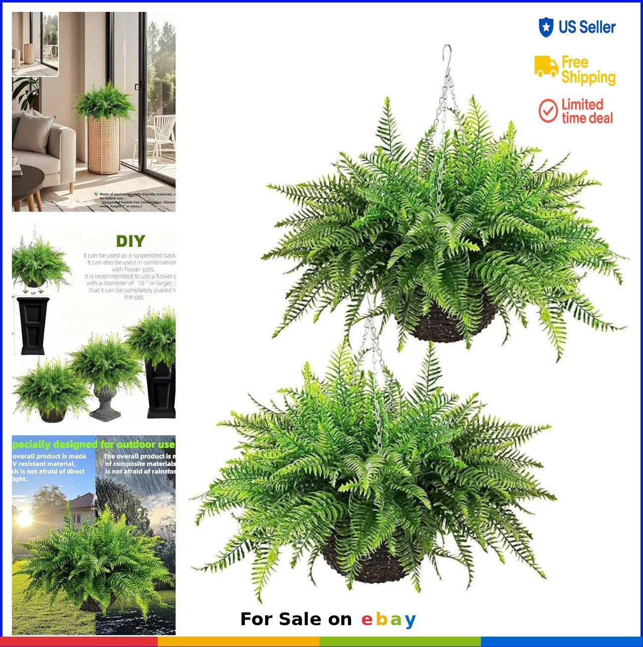 Artificial Hanging Ferns 2 Pack UV Resistant Outdoor Fake Boston Fern Bushes 26