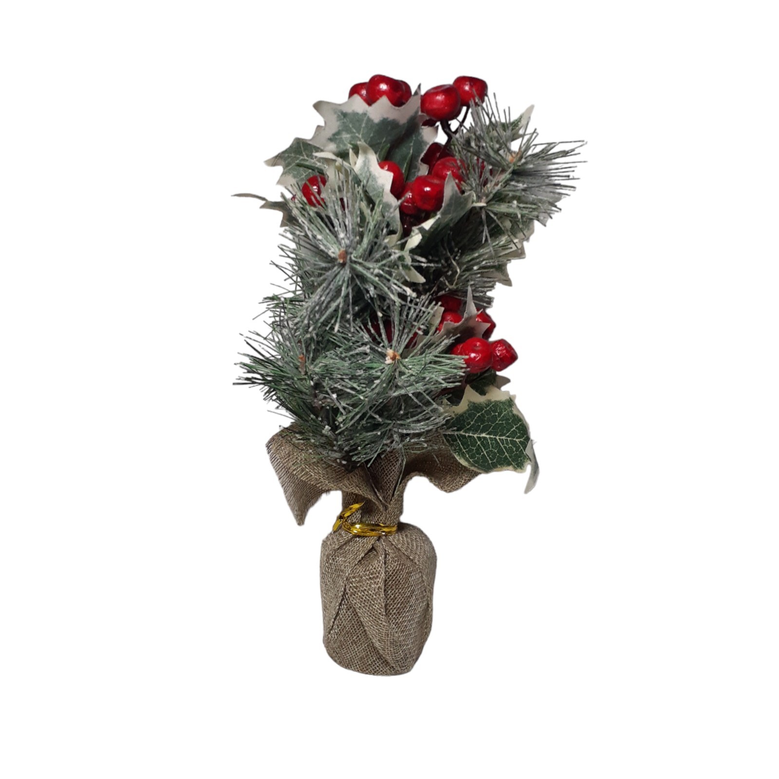 Home Decor Plant Artificial Holly Berries Pine Ivy Greenery In Burlap Winter 11″