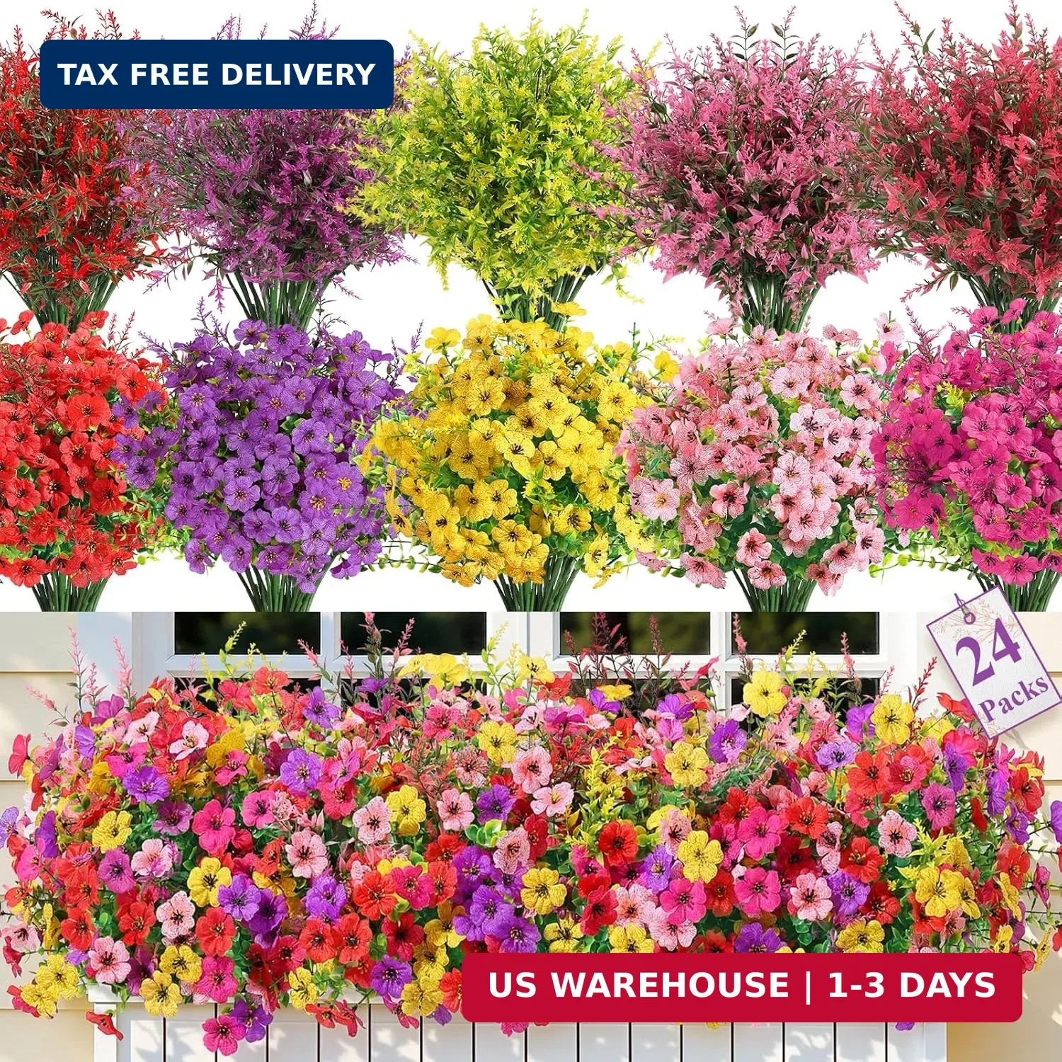 24 Bundles Artificial Flowers UV Resistant Faux Plants Outdoor Decor