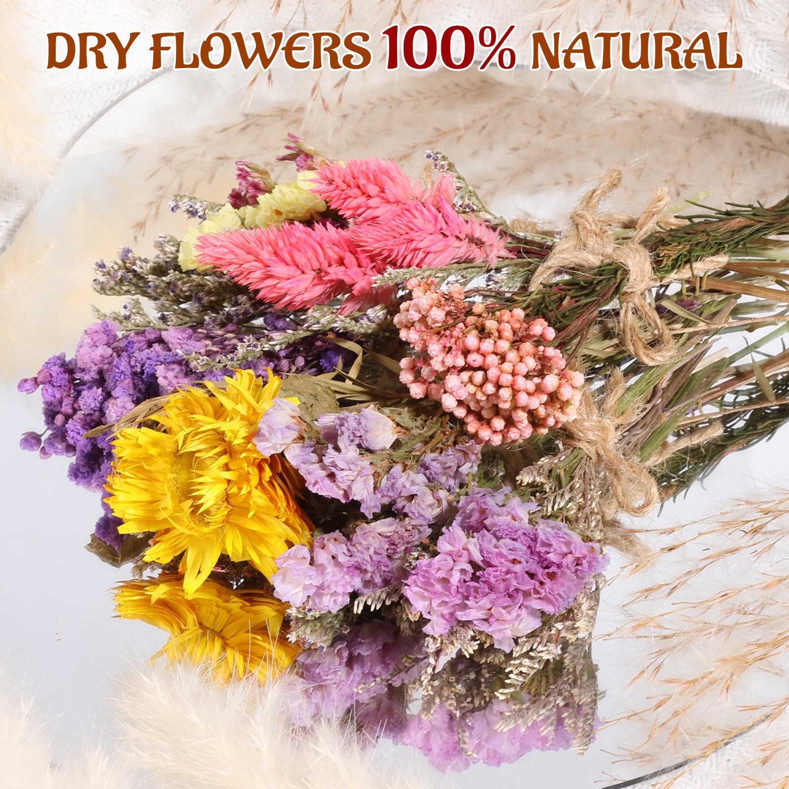 10 Pack Mini Dried Flower Bouquets with Stem, Natural Embossed Floral Bundles