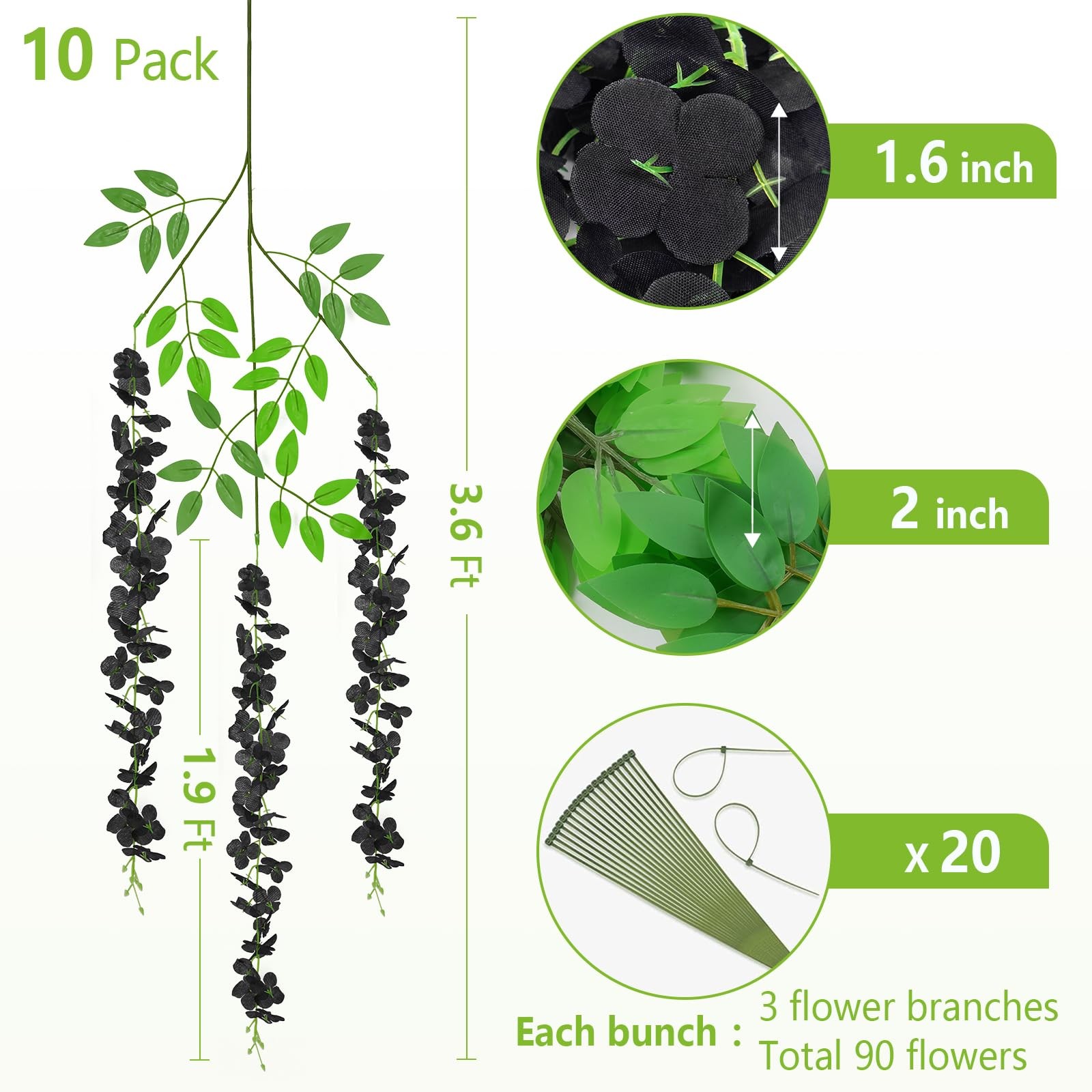 10Pcs Black Fake Wisteria Hanging Flowers, 3.6Ft/Pcs Artificial Wisteria Garl…