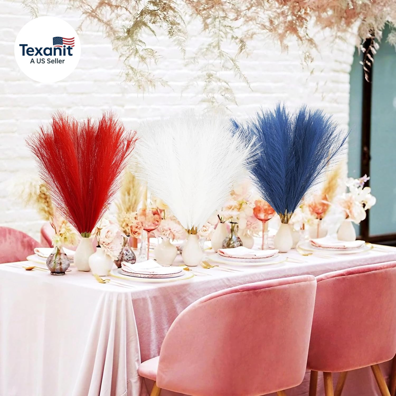 30Pcs 4Th of July Decorations Faux Pampas Grass, 21.6In Red White and Blue Artif