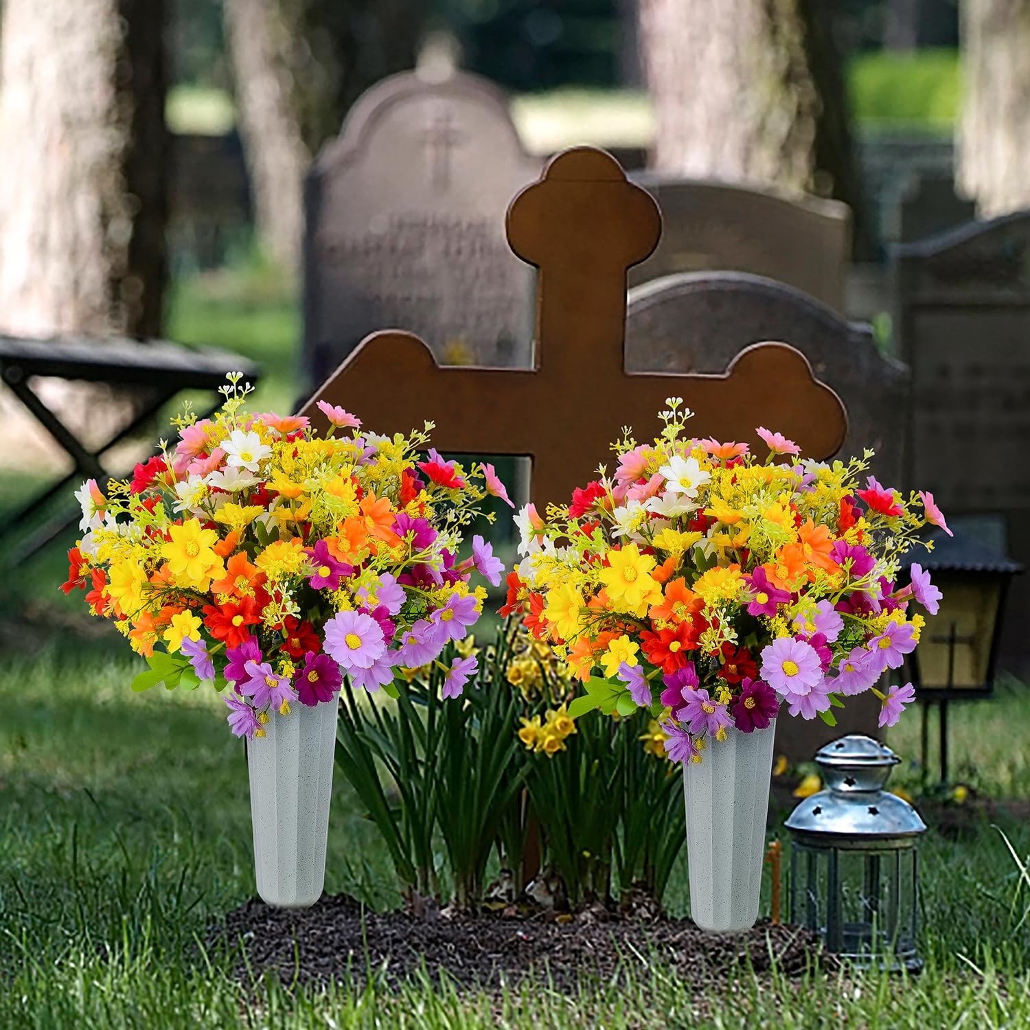 XONOR Artificial Cemetery Flowers Memorial Silk Daisy with Vase for Grave Hea…