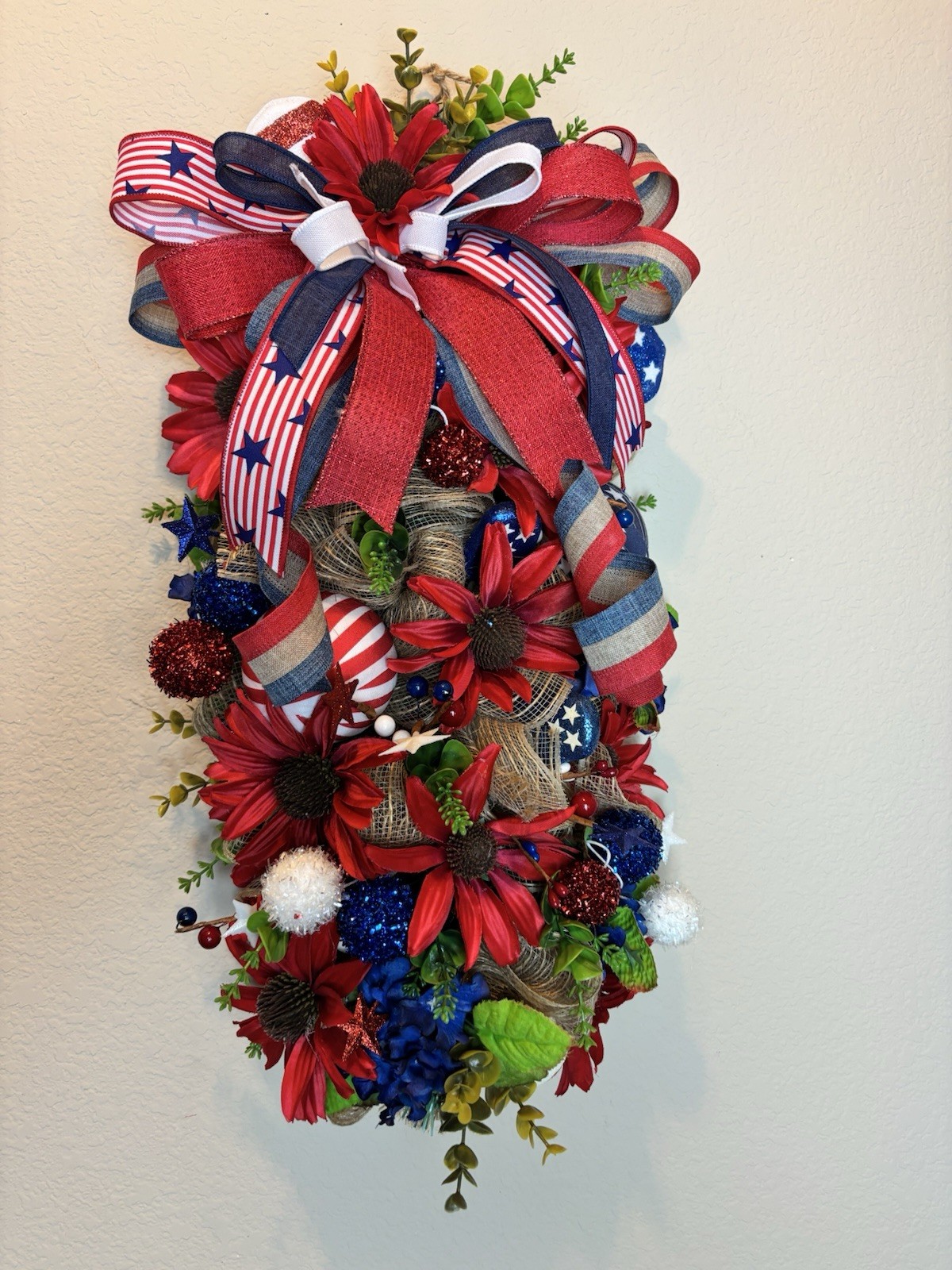 Patriotic Swag Wreath Red White Blue 4th July Door Decor Americana Bow
