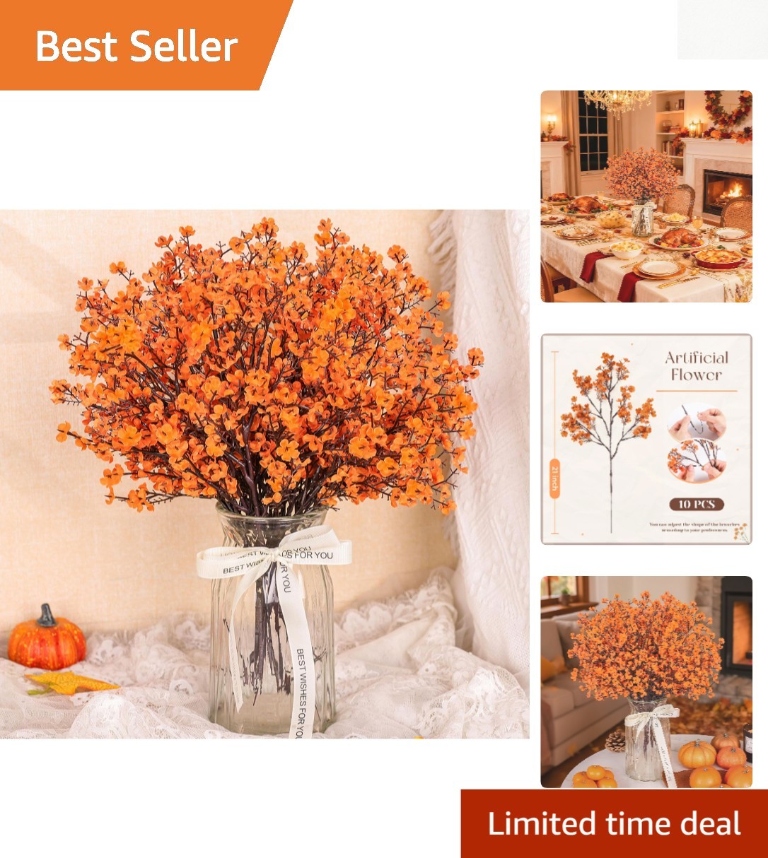 Lifelike 10 Pcs Artificial Flowers – Orange Baby Breath for Home Arrangements
