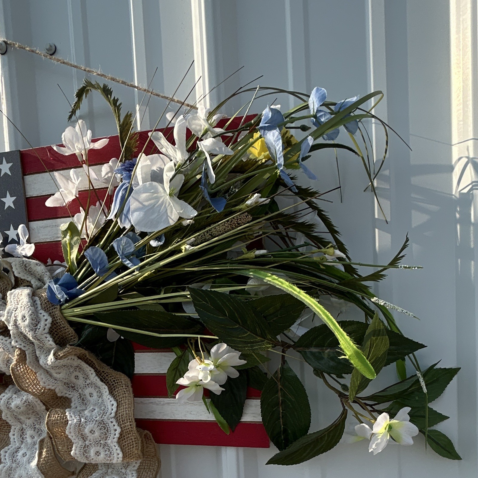 Patriotic American Flag Floral Swag Door/Wall Decor, Burlap Lace Bow