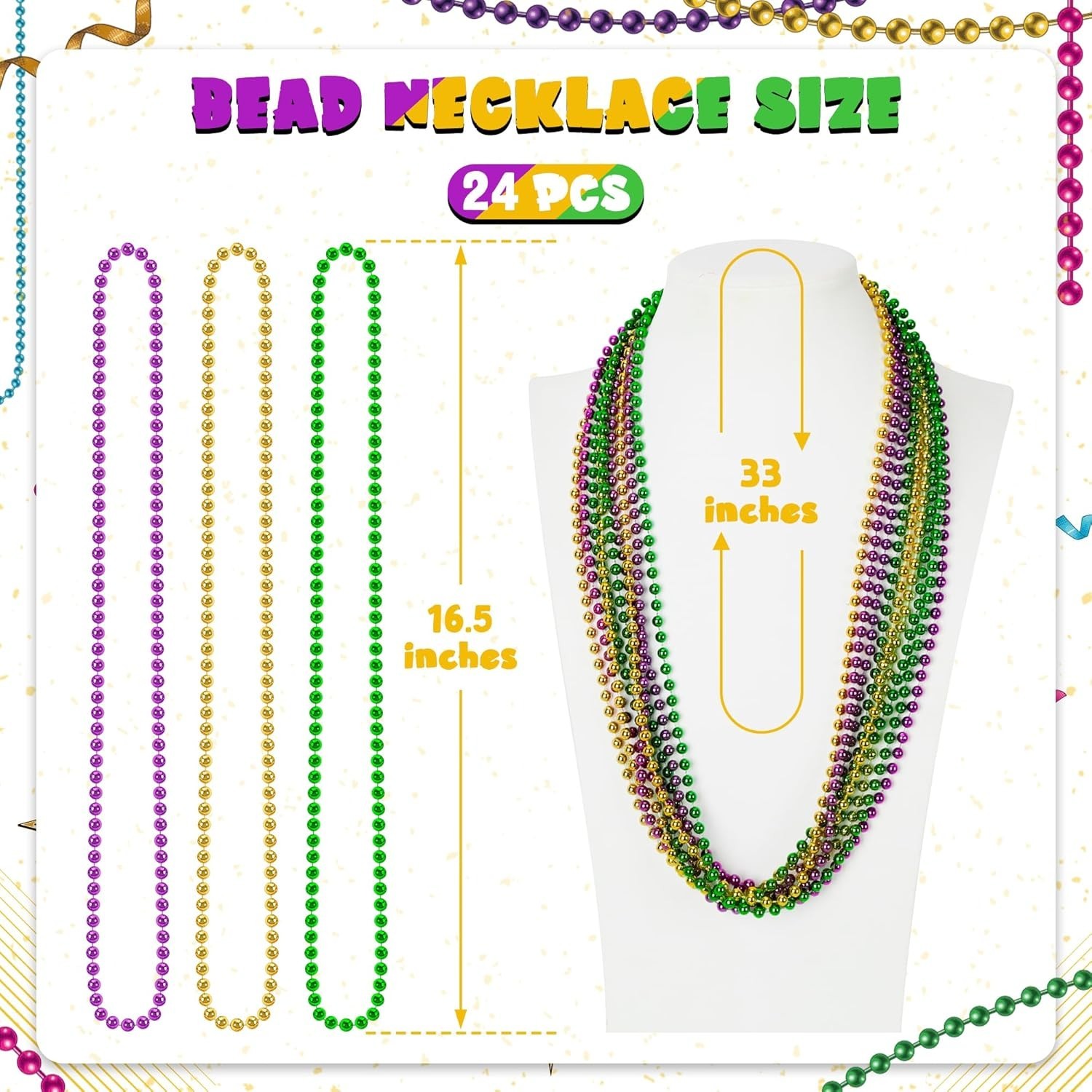 24 PCS Mardi Gras Beads Necklaces, 33″ Green Purple Gold Metallic Costume Access