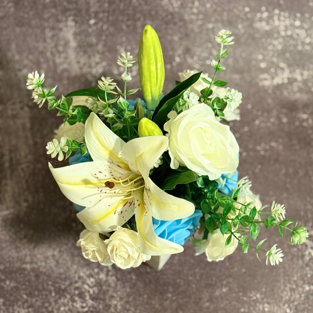White Lily Blue Rose Centerpiece Faux Floral Arrangement Wooden Box Home Decor