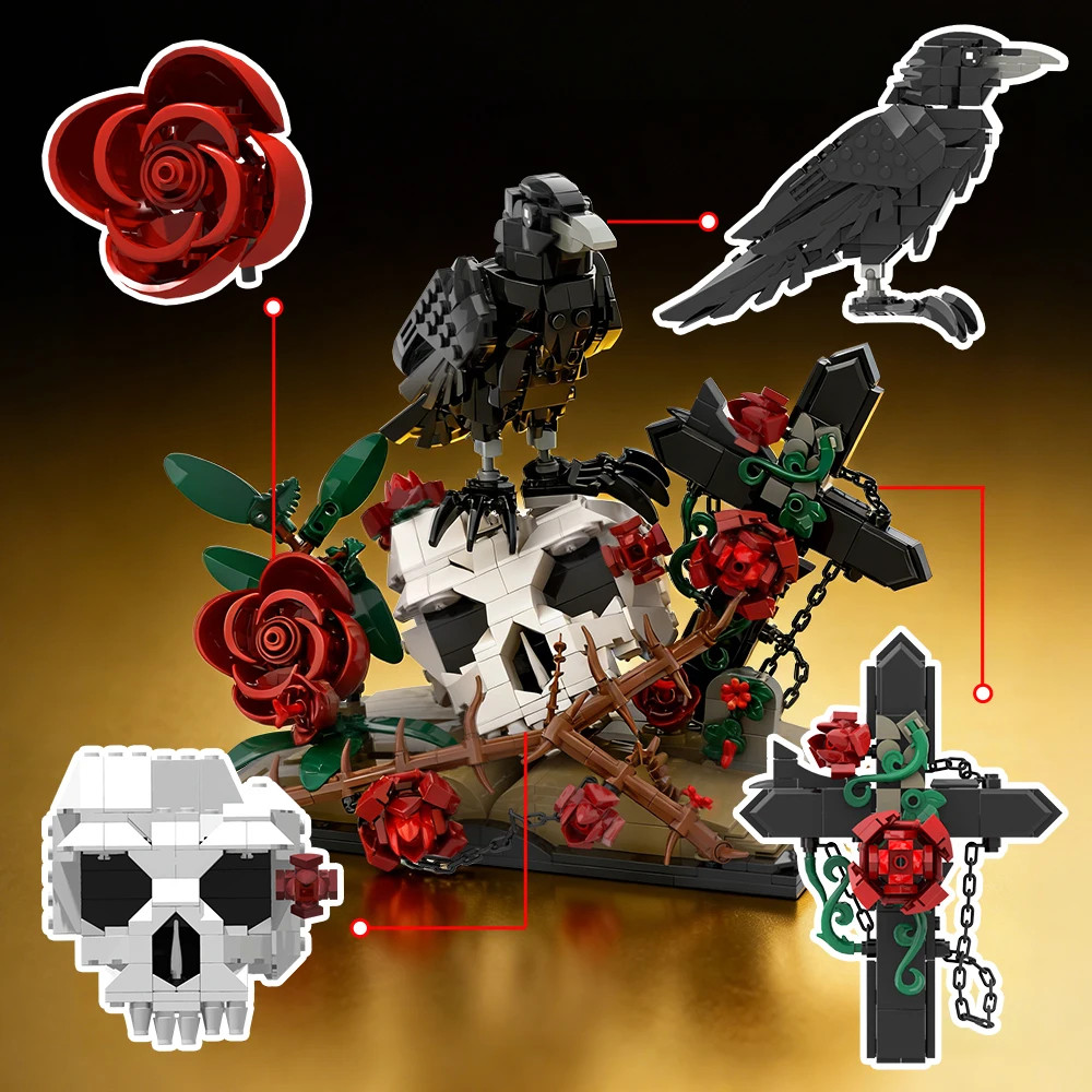 Raven Skull Roses Flower Building Blocks Set , Skull Planter Botanical Collectio
