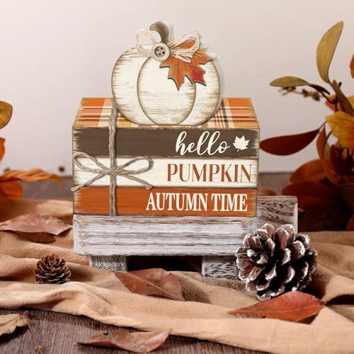 4 Pcs Tiered Tray Decorations Thanksgiving Wooden Pumpkin and Maple Leaf Fall