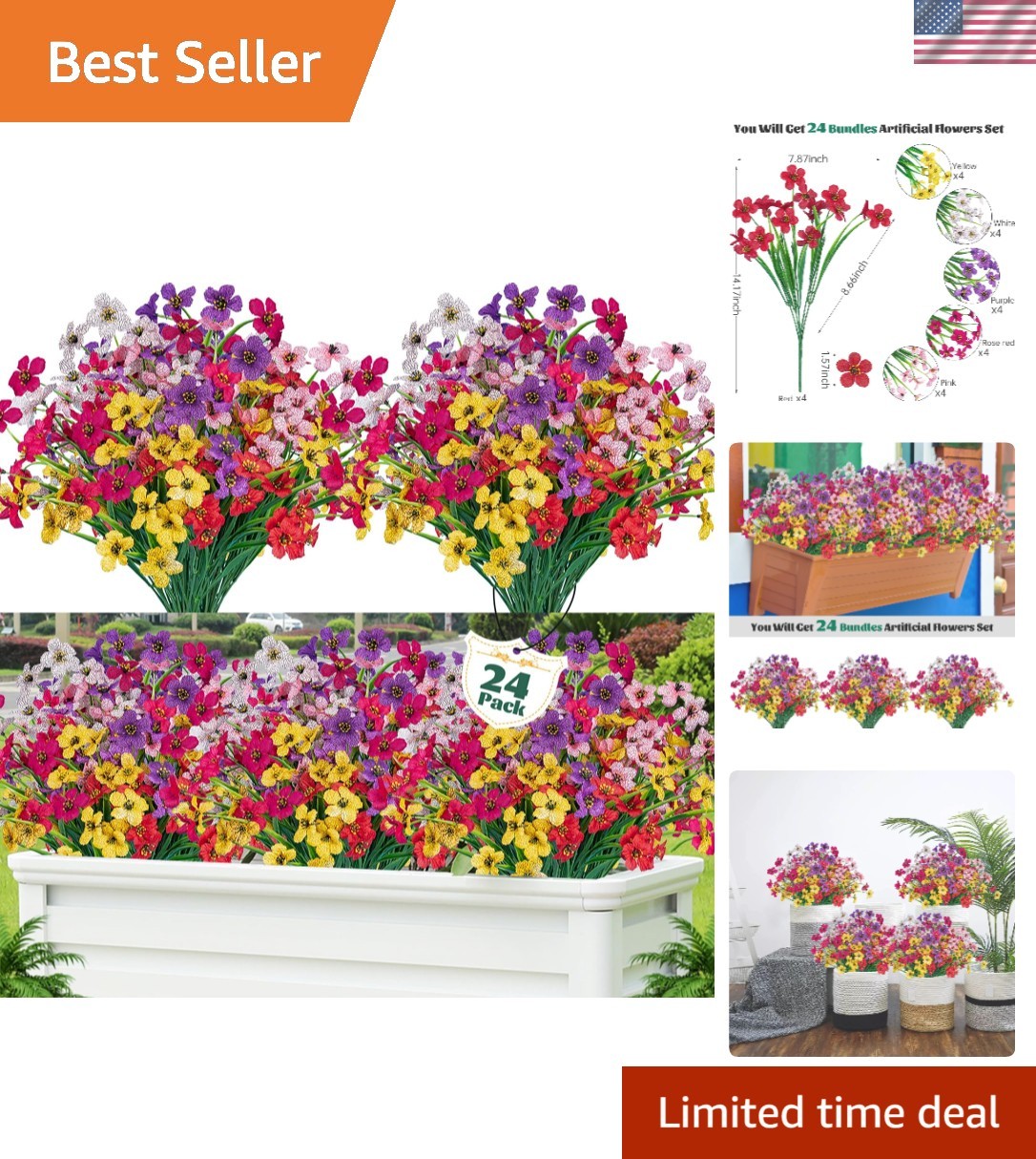24 Pcs Artificial Flowers for Outdoor,Plastic Flowers Decoration, UV Resistan…