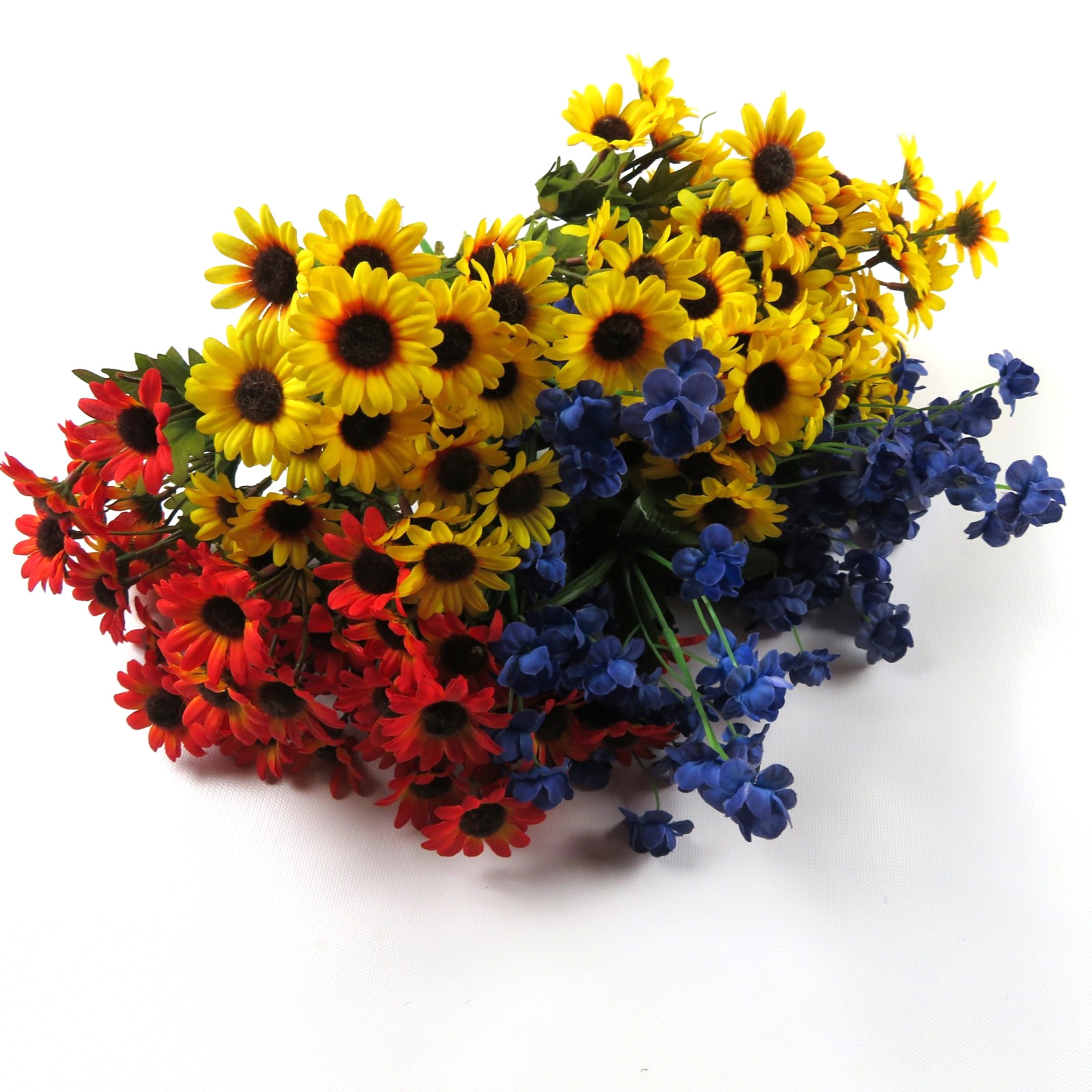 Mixed bouquet of artificial flowers, yellow & orange daisies, blue, 7 bundles