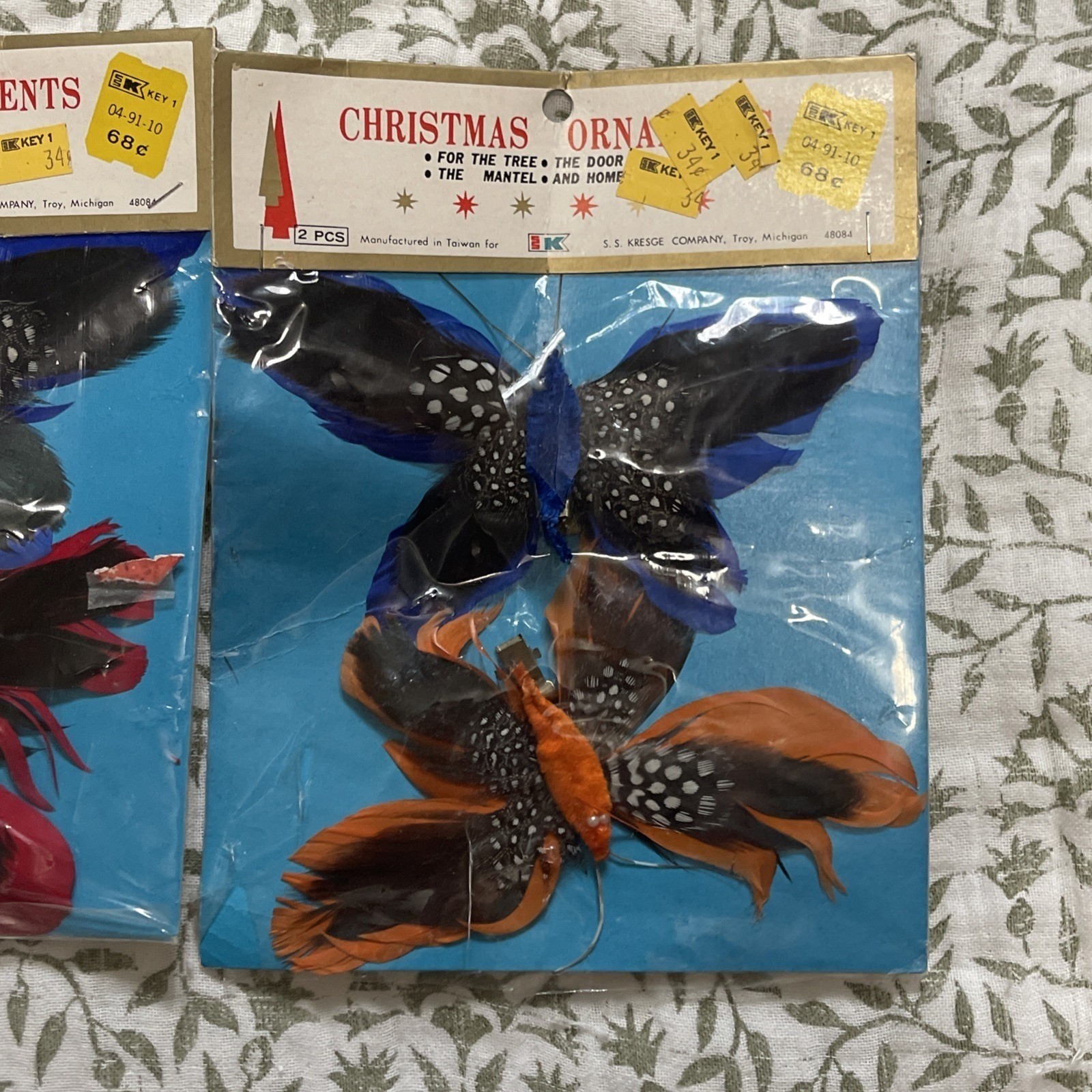 4 Vtg Clip On Feather Butterflies Floral Gifts Decoration Orange Red Blue Taiwan