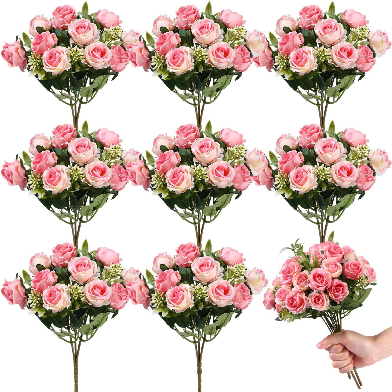 8 PCS Pink 12 Inch Wedding Bouquets Artificial Rose Fake Silk Roses Bulk