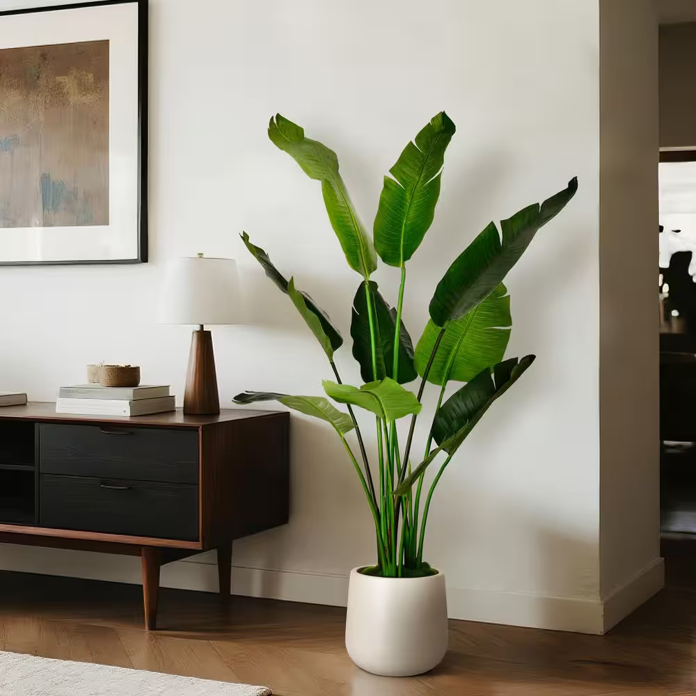 5 Ft. Artificial Banana Leaf Tree Bird of Paradise in White Decor Pot, Faux Gree