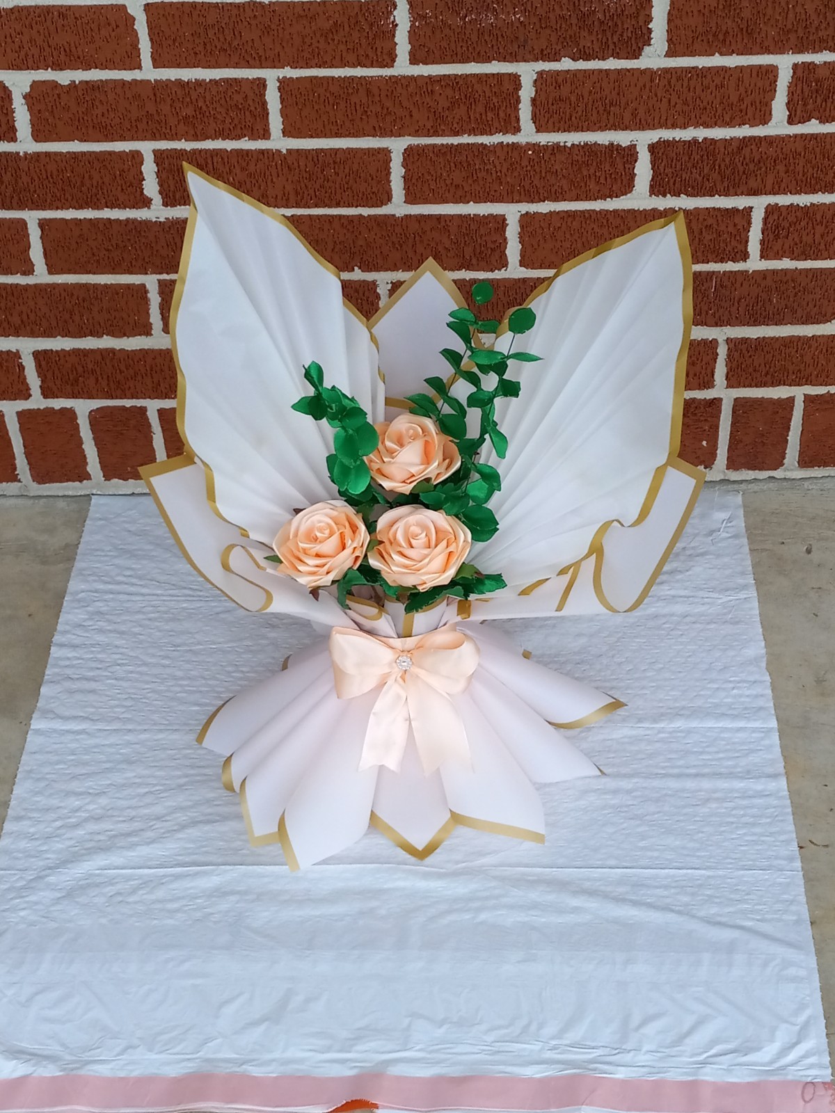 Eternal Roses, Flower made by hand, color peachish, with green stem and leaves