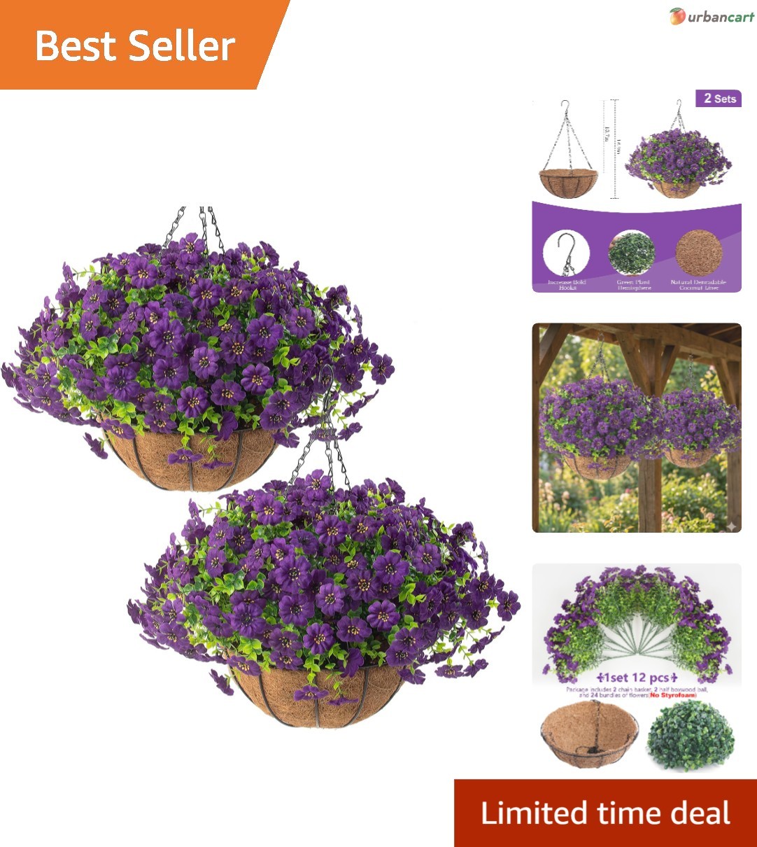 Vibrant Purple Artificial Outdoor Flower Baskets – Low Maintenance -Round Decor