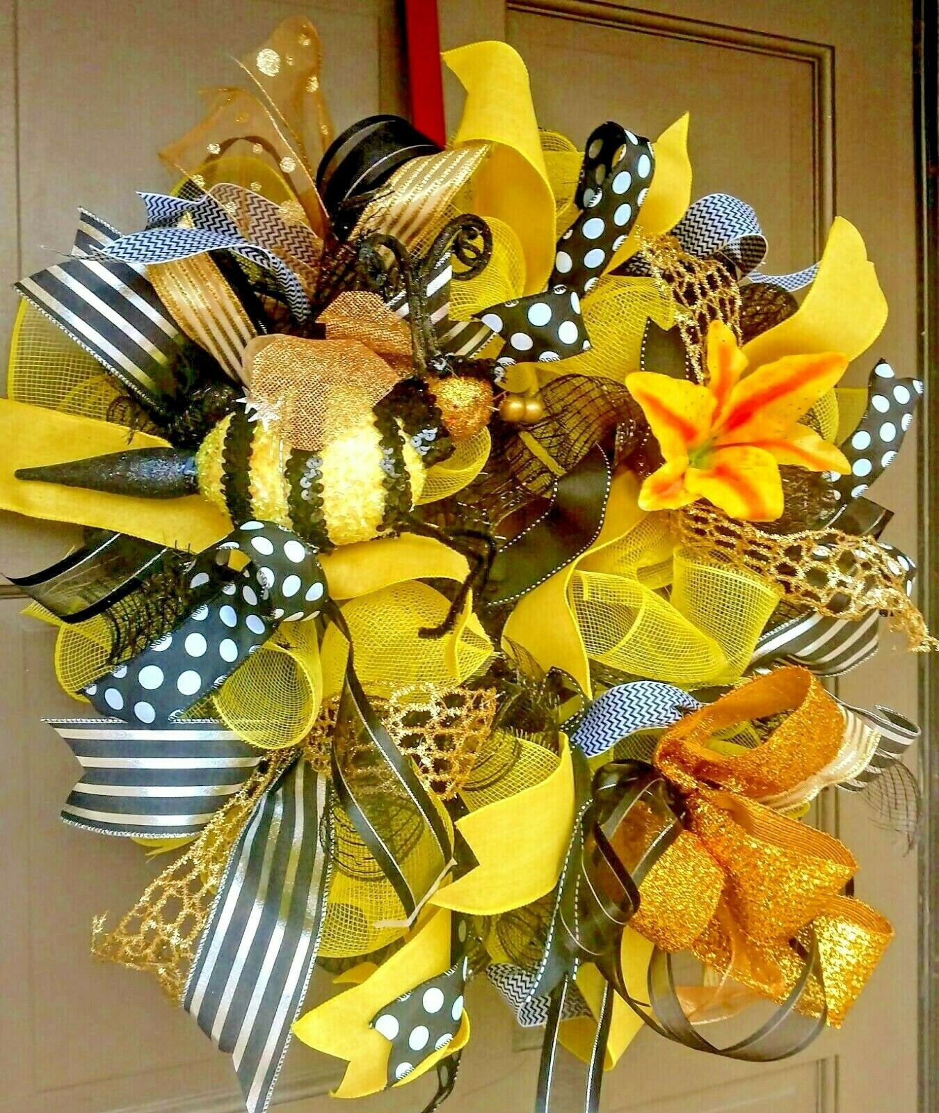 Spring Summer Bee Wreath Large Deco Mesh Floral Farmhouse Front Door Decor