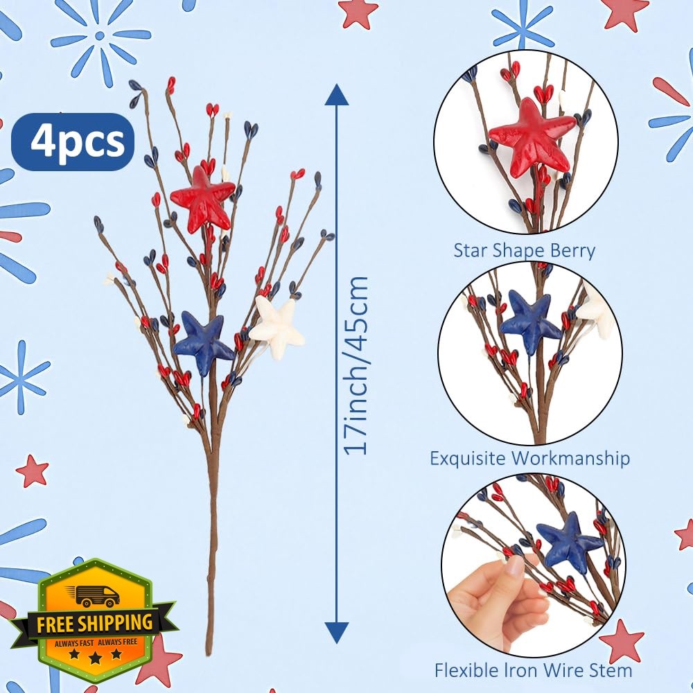 iRFKCIOW Patriotic Floral Picks Red Blue White Stars