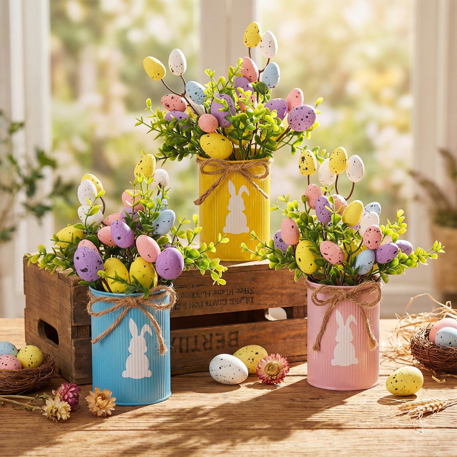 Easter Table Centerpiece Decorations, 3 Bunny Vase Centerpieces with 9 Artifi…