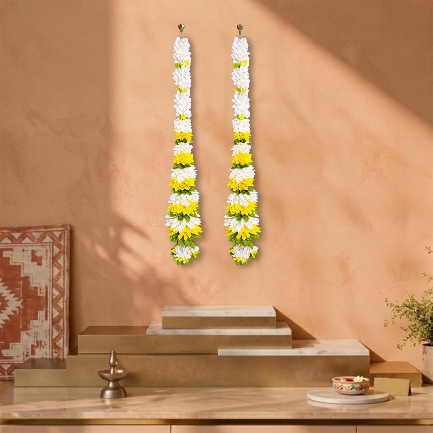 Meezo Flower Garland –5 Feet Cloth Flowers with Green Leaf Accents, Diwali Decor