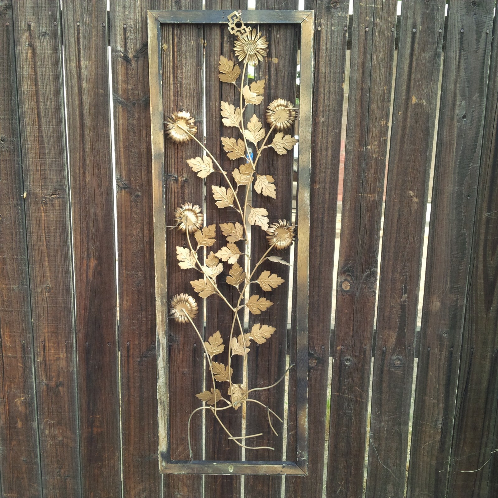 Vintage Asian Metal Floral Toleware Wood Framed Flowers Hong Kong 36×12 Wear