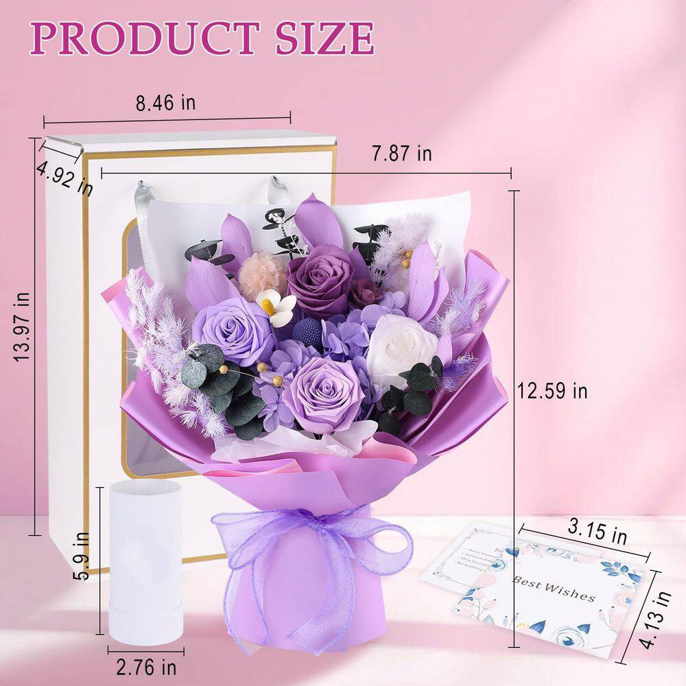 12.59 In. Purple Artificial Preserved Rose Bouquet-Includes Gift Box and Greetin