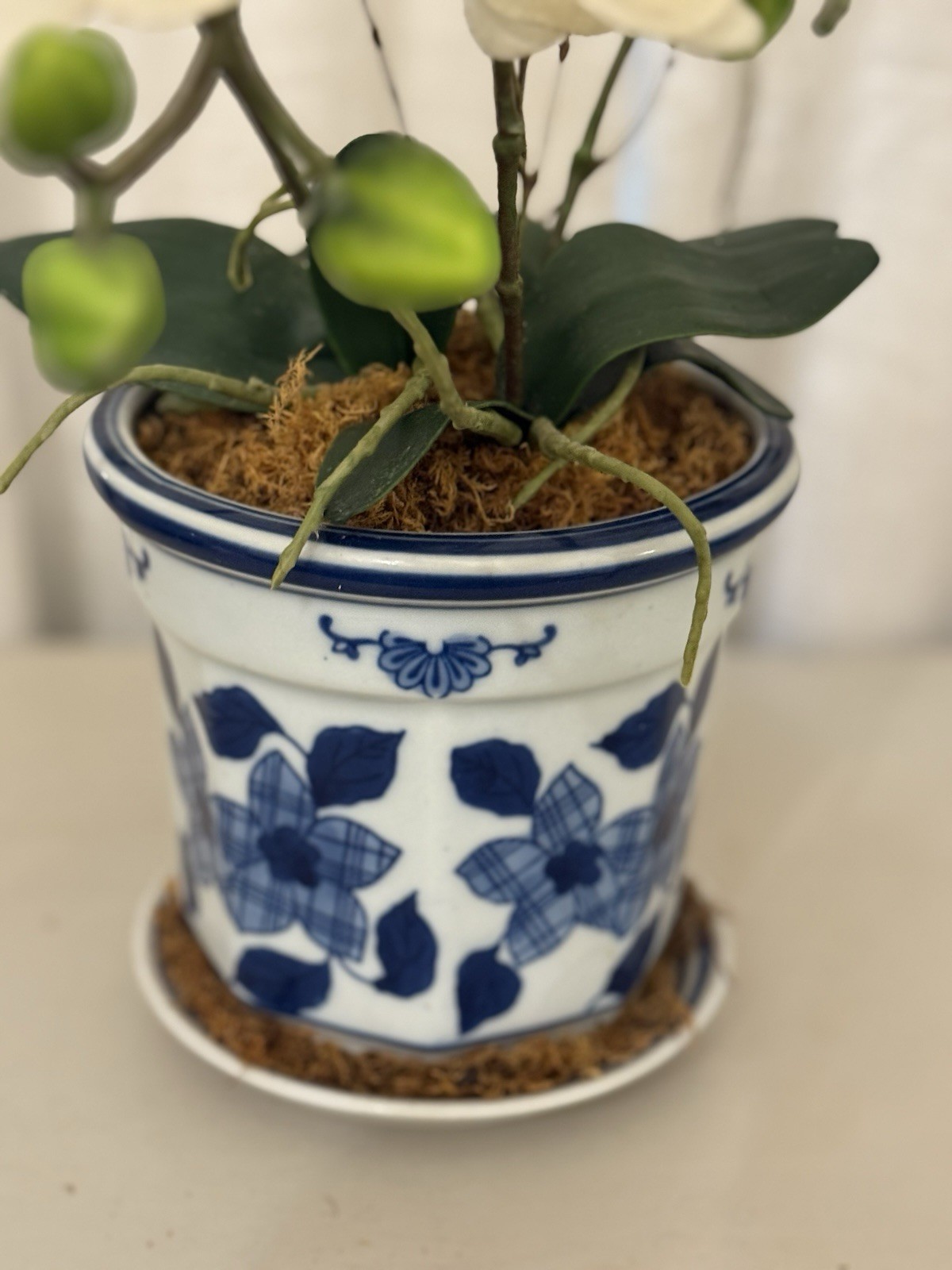 16″ Faux White Orchid Artificial Floral Arrangement Blue White Chinoiserie Pot