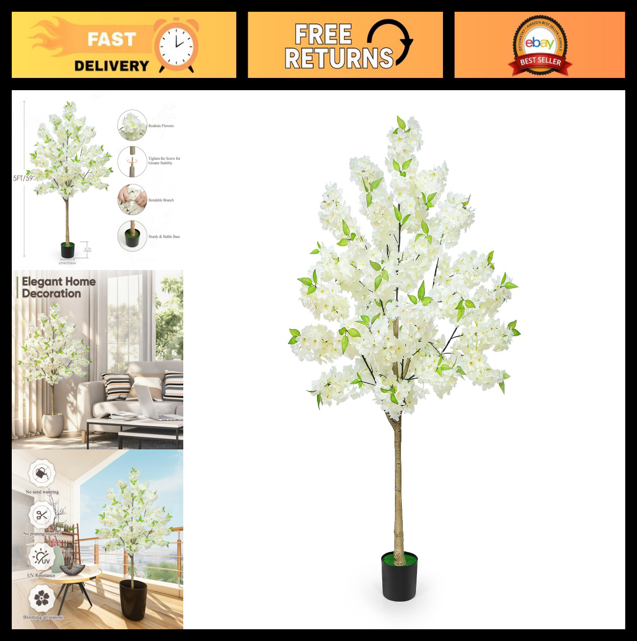 5FT White Cherry Blossom Tree with Pot – Artificial Floral Decor for Home & Wedd