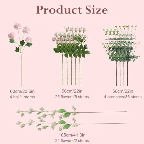 10pcs Faux Silk Rose Artificial Flowers, Bulk Fake Eucalyptus with Pink Rose