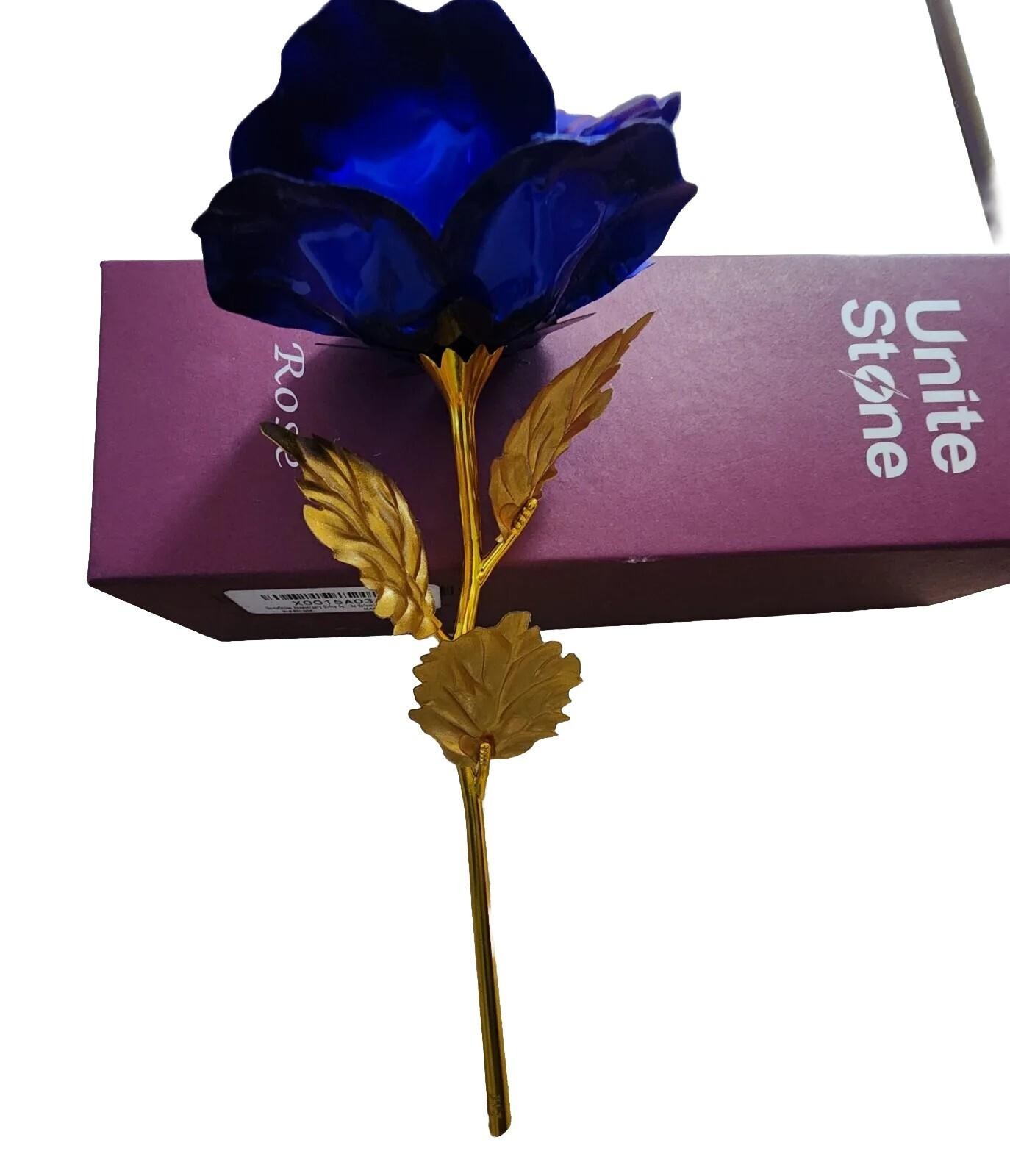 24k Gold Foil Stem Blue Rose Flower Gift Love Keepsake