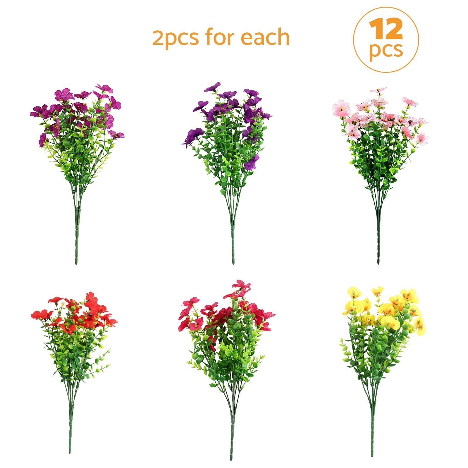 12PCS Faux Daisy Flowers with Eucalyptus, 6 Colors, Waterproof, Bendable Stems f