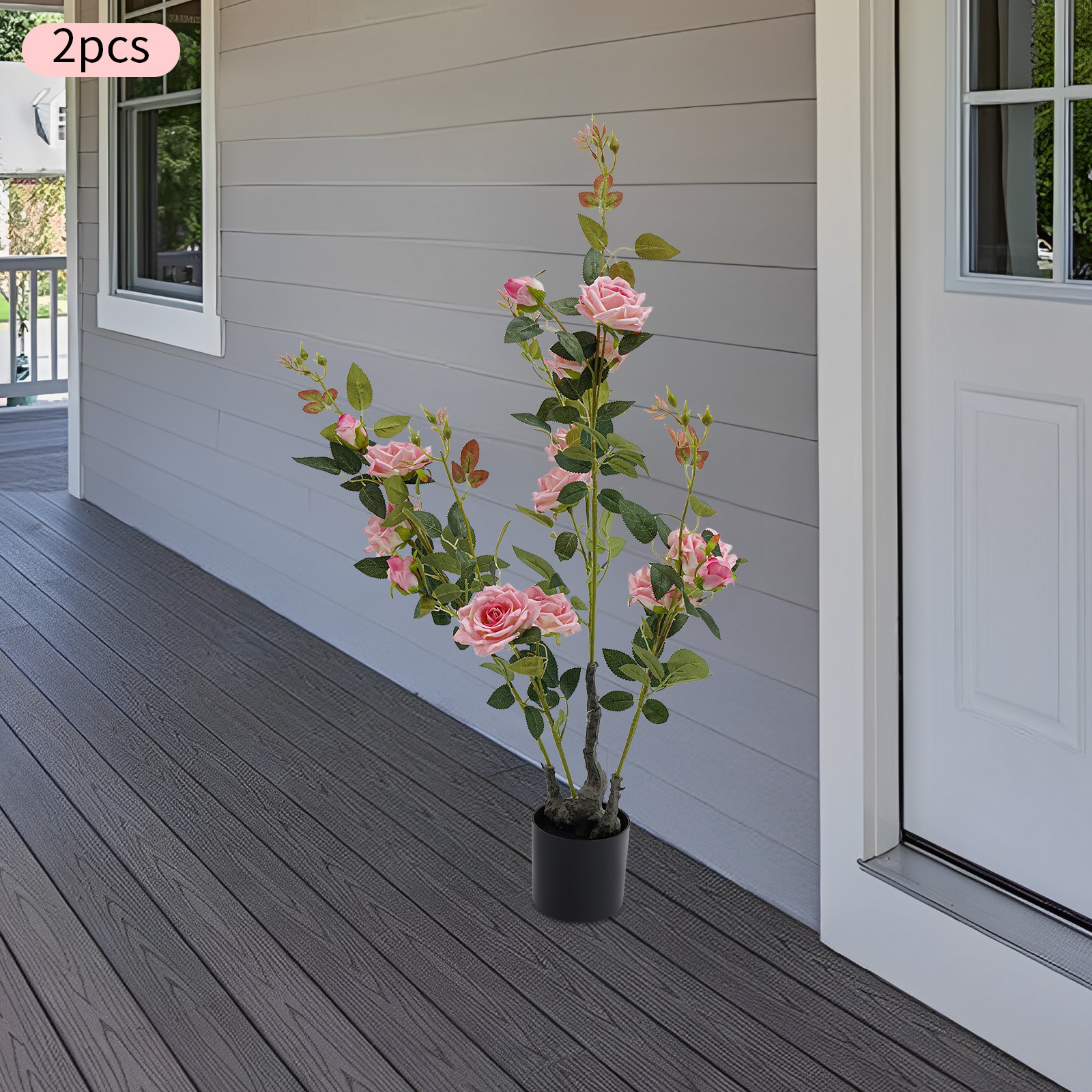 2pcs Artificial Rose Trees Fake Flowers Tree, Pink Artificial Flower Plant Decor