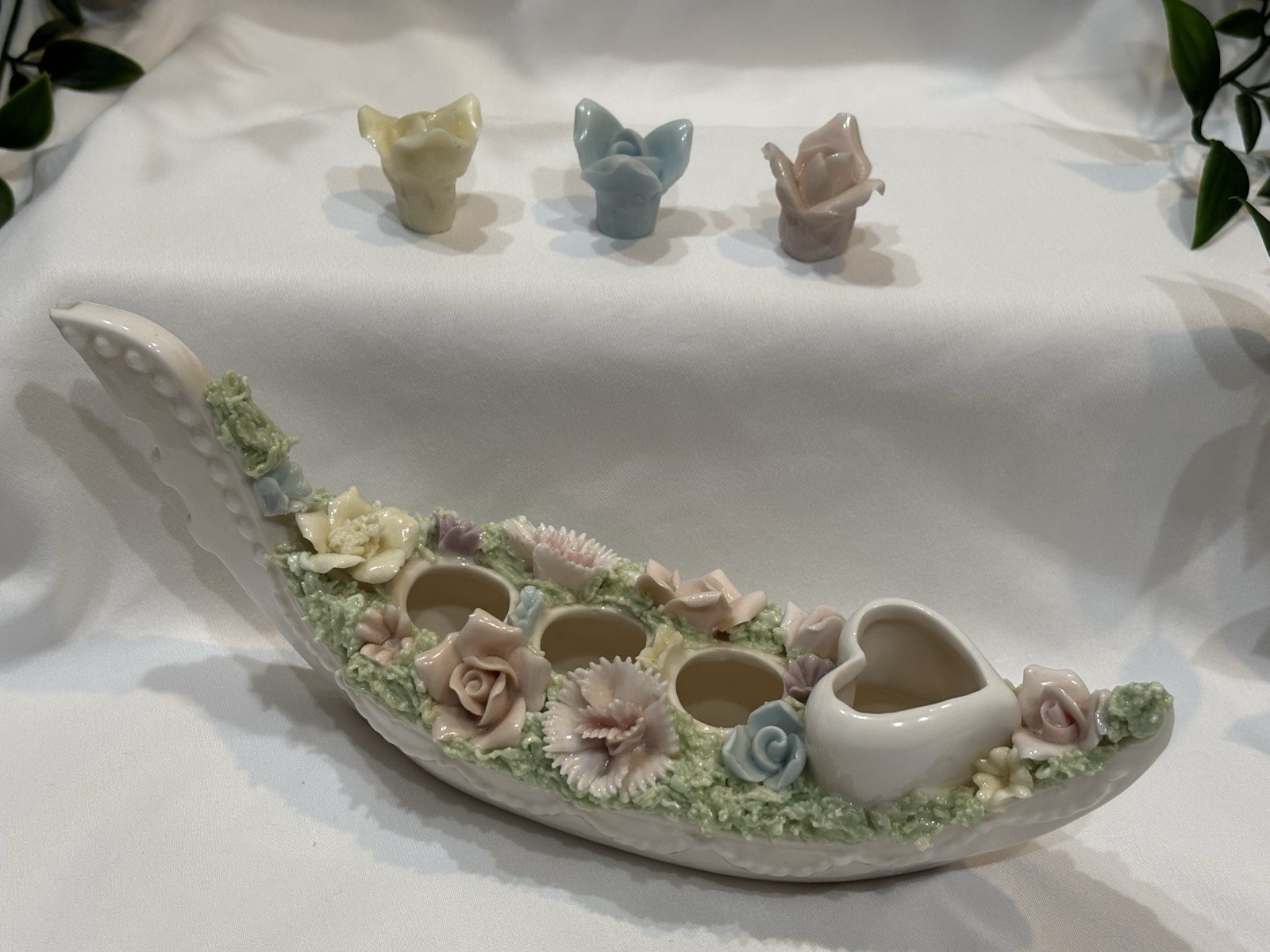 Vintage China Porcelain Gondala Lipstick Holder 3 Removable Roses