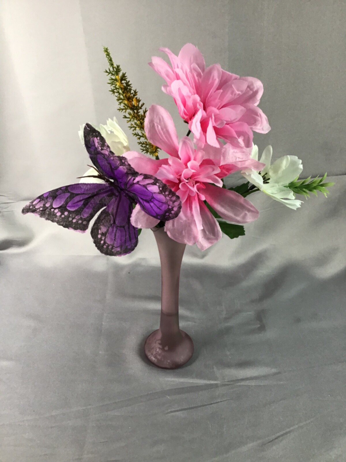 Vintage Vase Purple Butterfly Pink & White Flower Arrangement in Faux Water