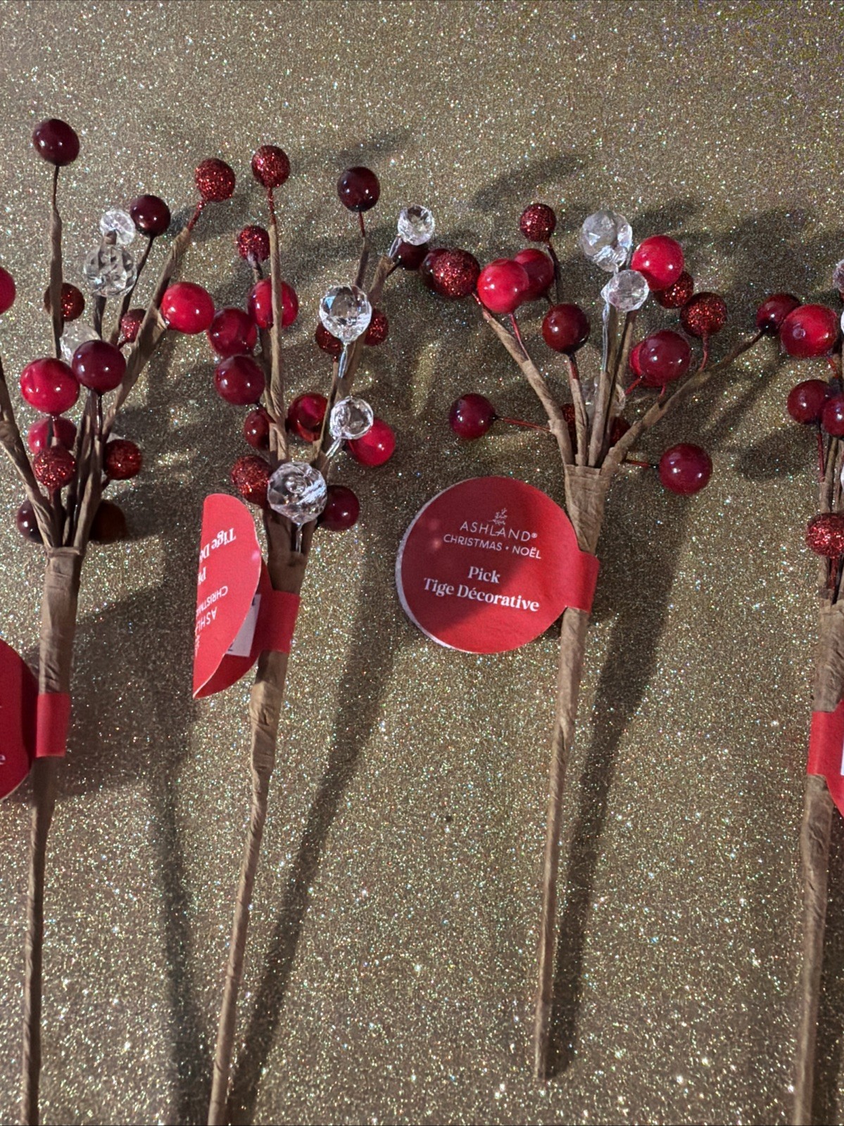 Christmas Ashland Red berry with crystal snow Bead 4 picks 7.5” Glitter Beads