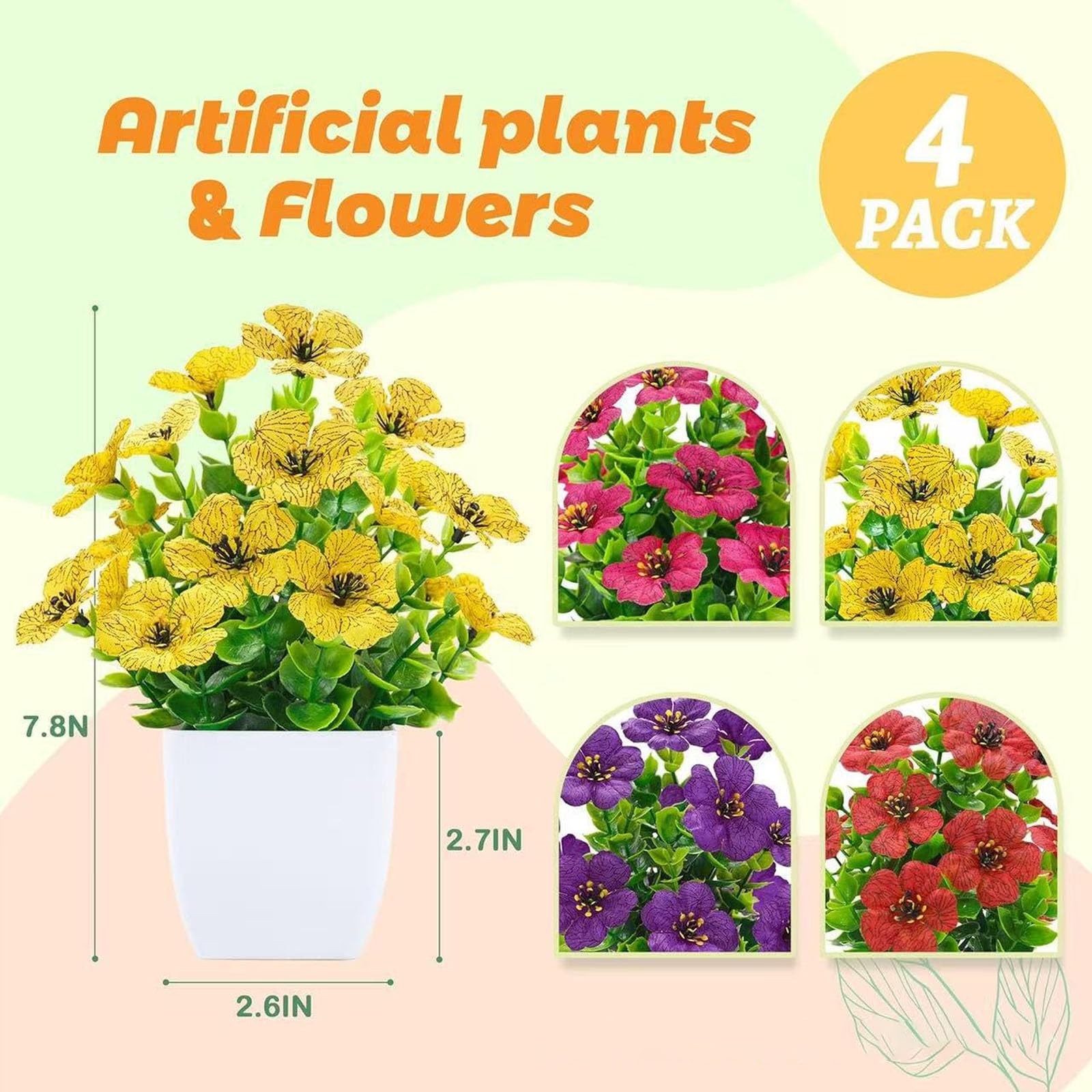4-Pots Artificial Potted Flowers, Resistant Fake Flower Plants in White Pot, …