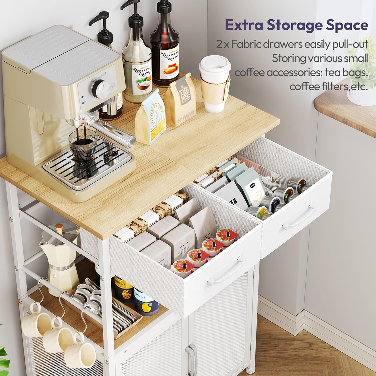 Coffee Bar Cabinet with Drawer 20.47in Stand Removable Hooks