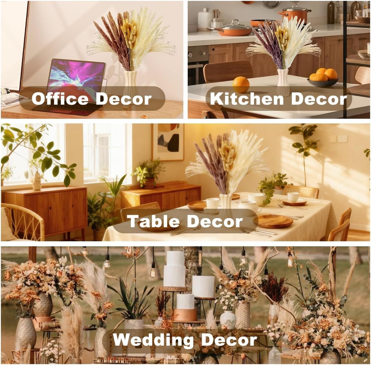 Dried Pampas Grass Decor, 100 Stems Bouquet with Bunny Tails & Reed Grass, Boho