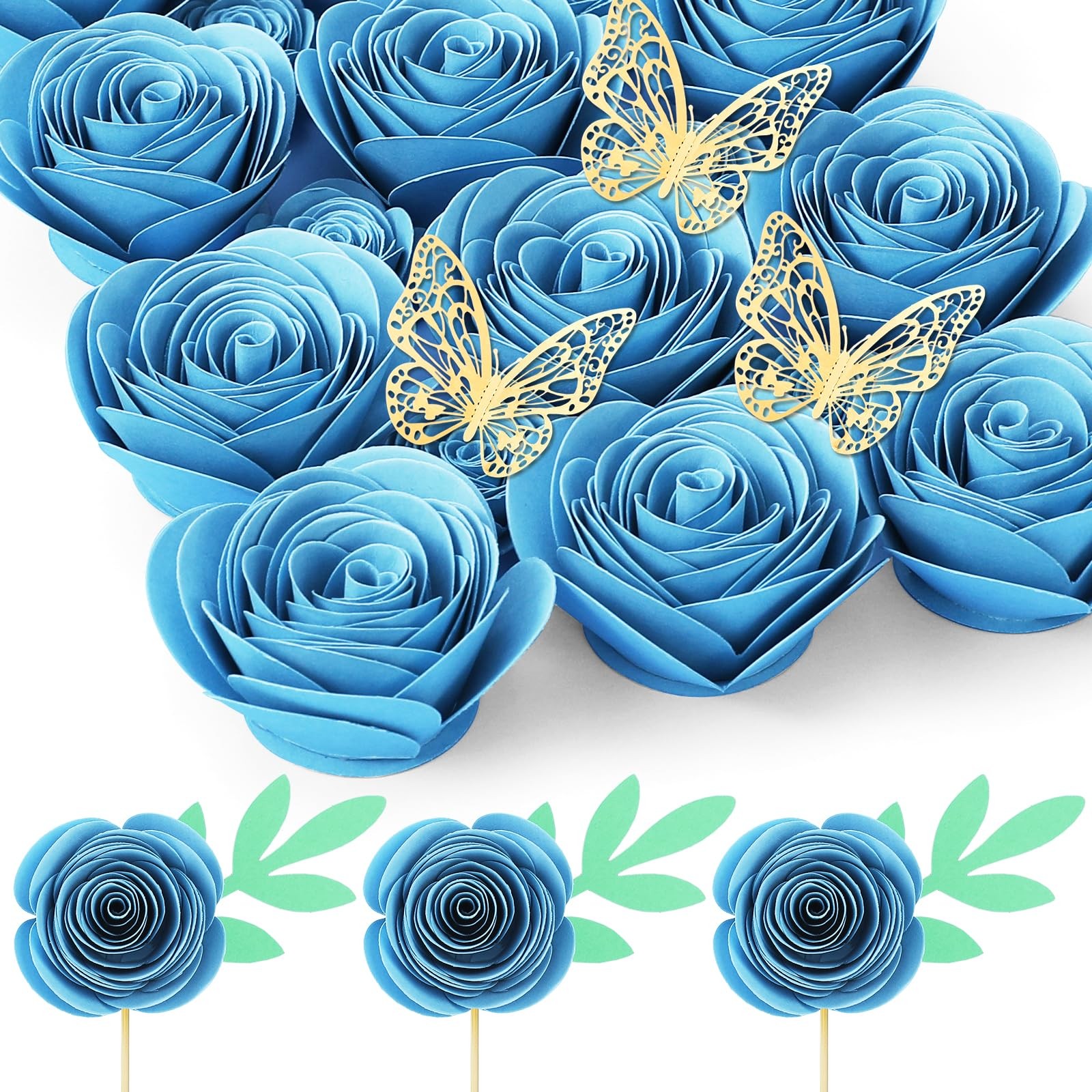 18 PCS Blue Artificial Rose Mini Paper Flower Craft DIY Decor Cake Topper