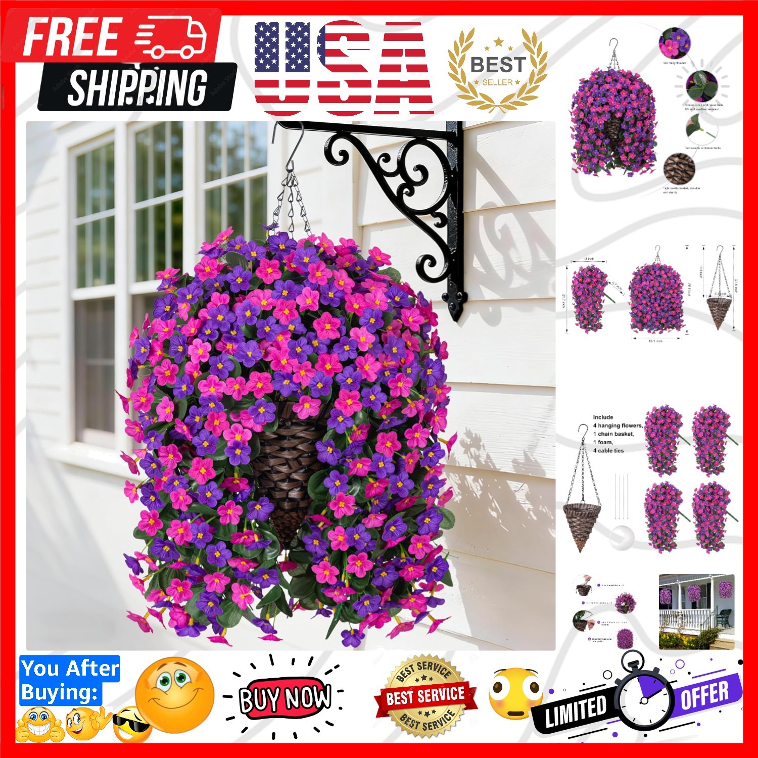 Artificial Fake Hanging Flowers with Basket for Outdoor Decoration,UV Resista…