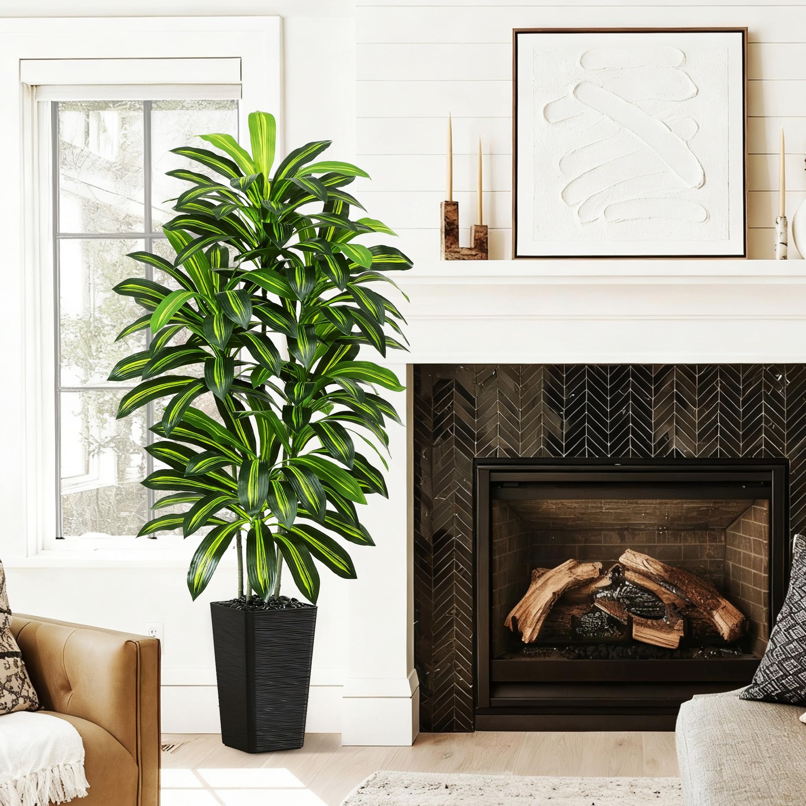 Artificial Dracaena Tree – 6FT Tall Fake Plants with Black Square Planter – A…