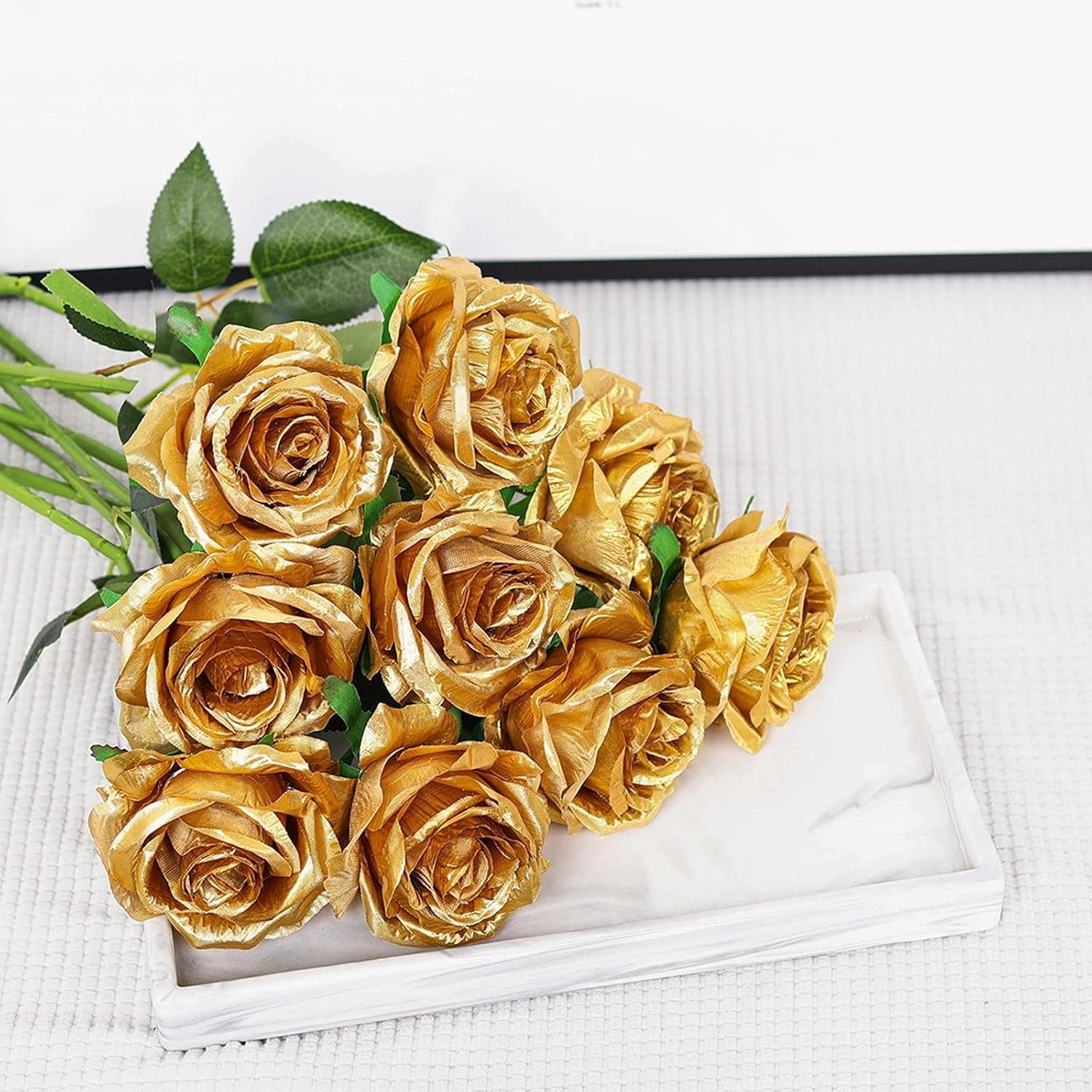 12PCS Long Stem Artificial Roses in Gold – Ideal for Home Decor & Special Events