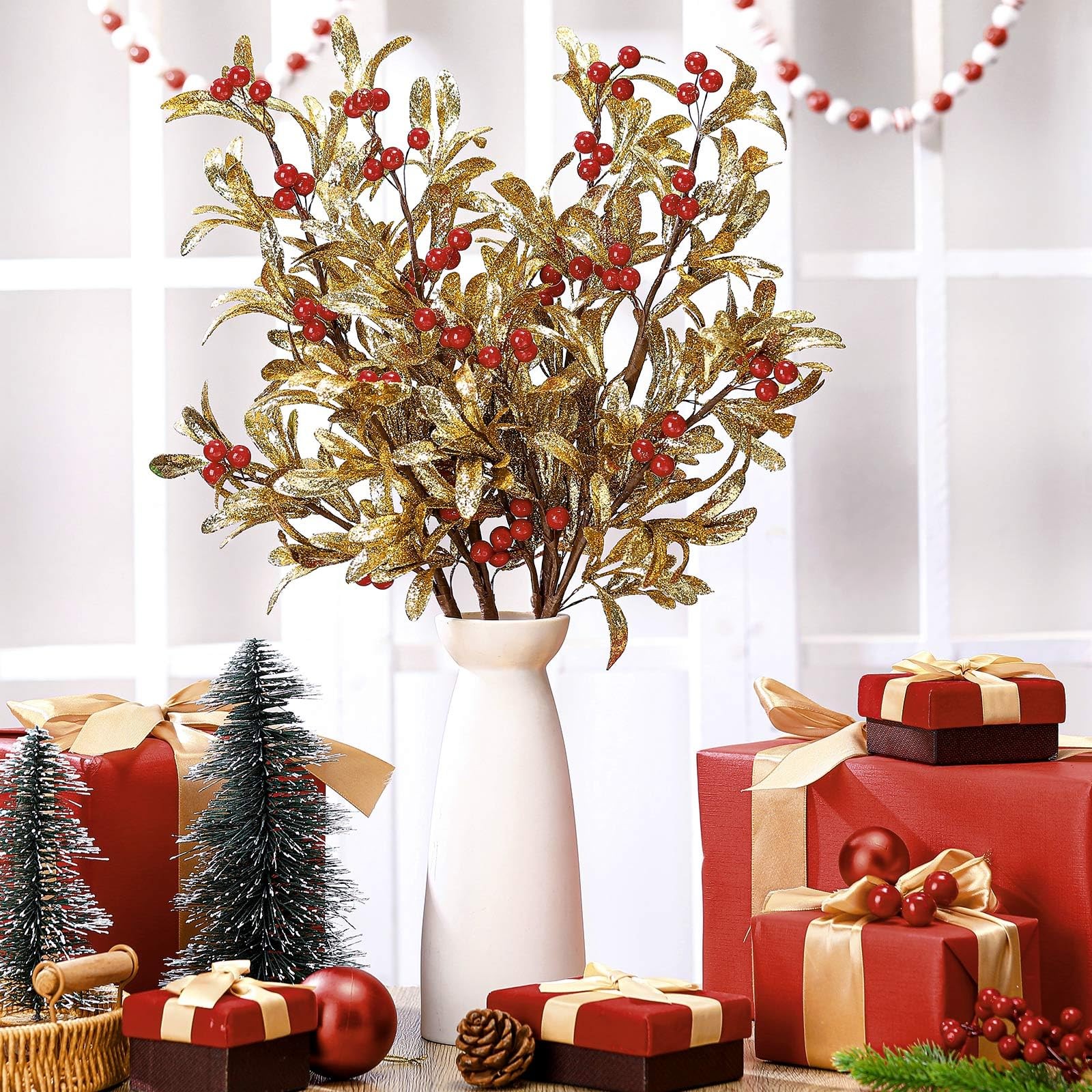 4 Pcs Christmas Artificial Mistletoe Picks 23.6 Inch Xmas Fake Flowers with R…