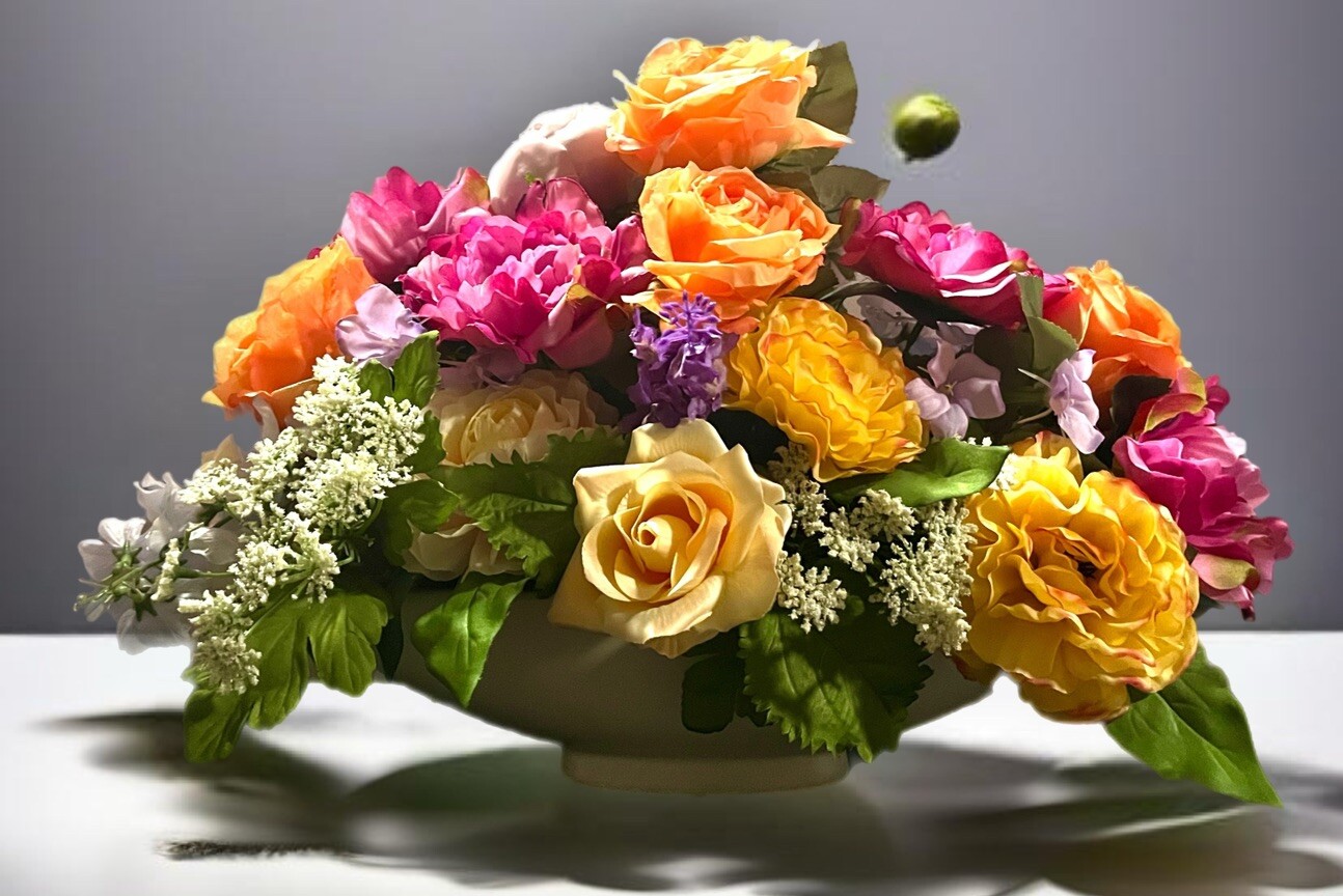Spring Floral Arrangement Peony Rose Hydrangea Mix Floral White Oval Planter