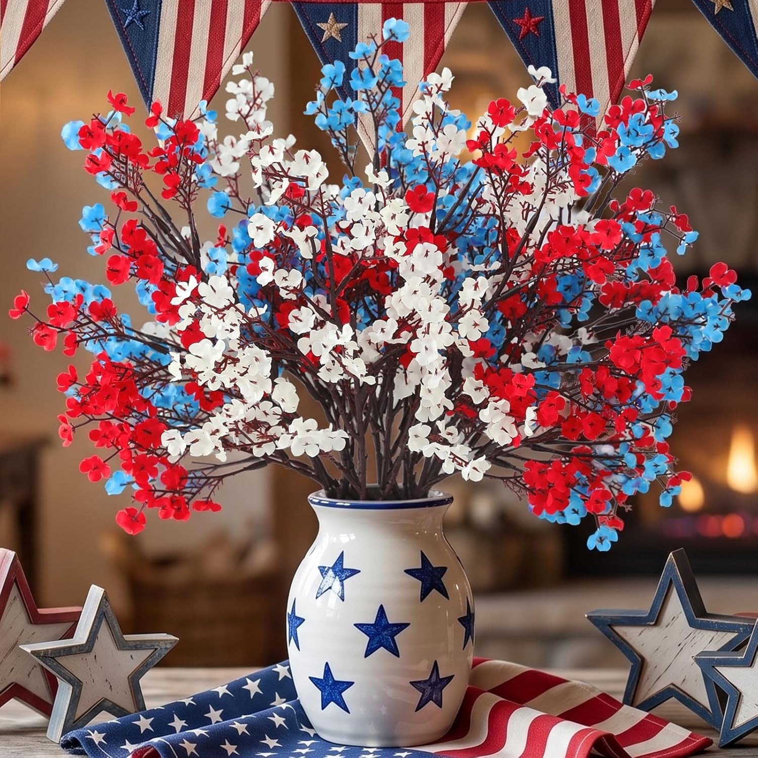 10 Pcs 4th of July Flowers Artificial Babys Breath Fake Silk Red White Blue P…