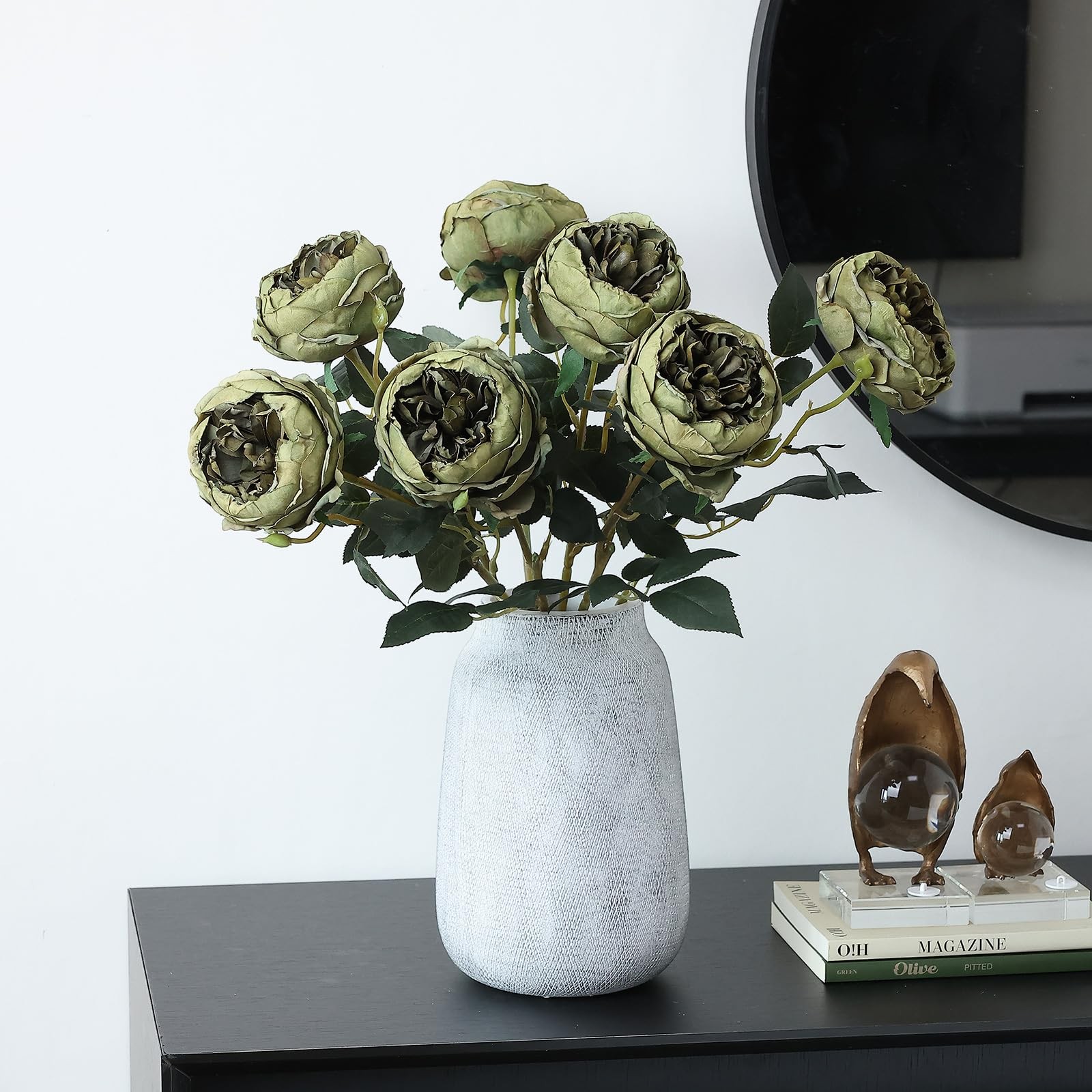 6Pcs Burnt Green Artificial Roses Flowers Fake Silk Roses Flower with Long St…